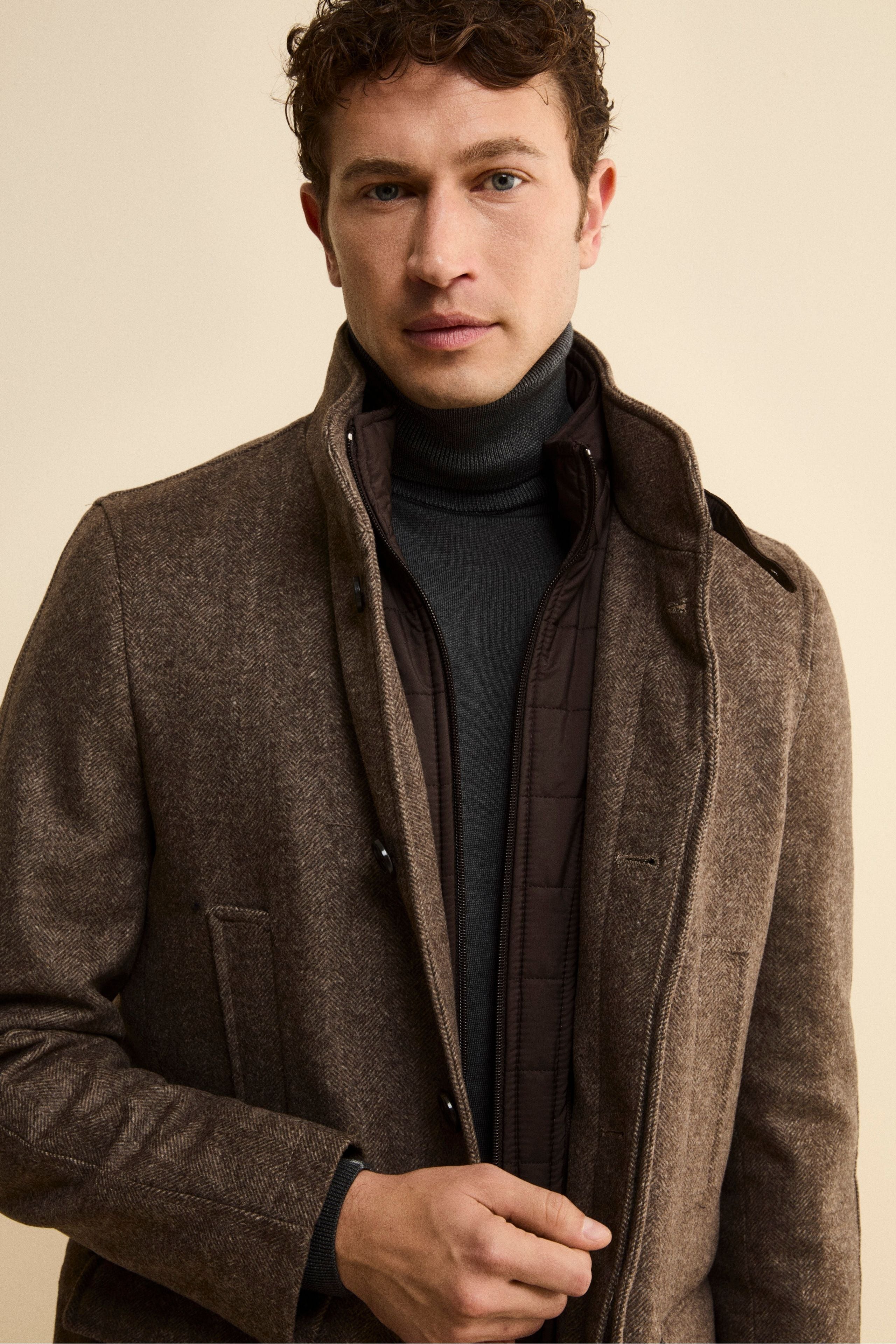 Cappotto Midi Spigato in Misto Lana e Cashmere - MARRONE MELANGE