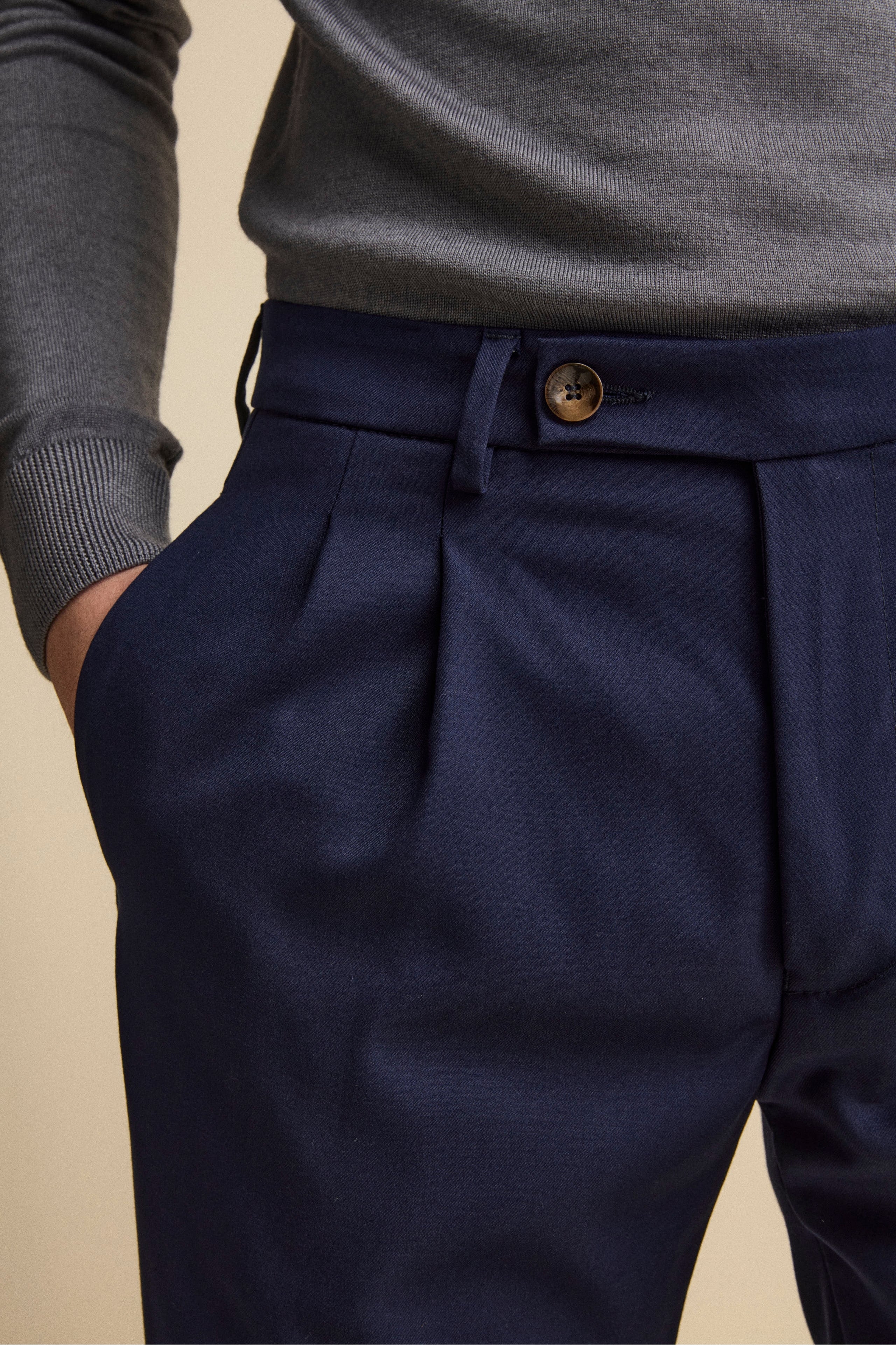 Pantalone Straight in Misto Lana con Pinces e Risvolto - BLU