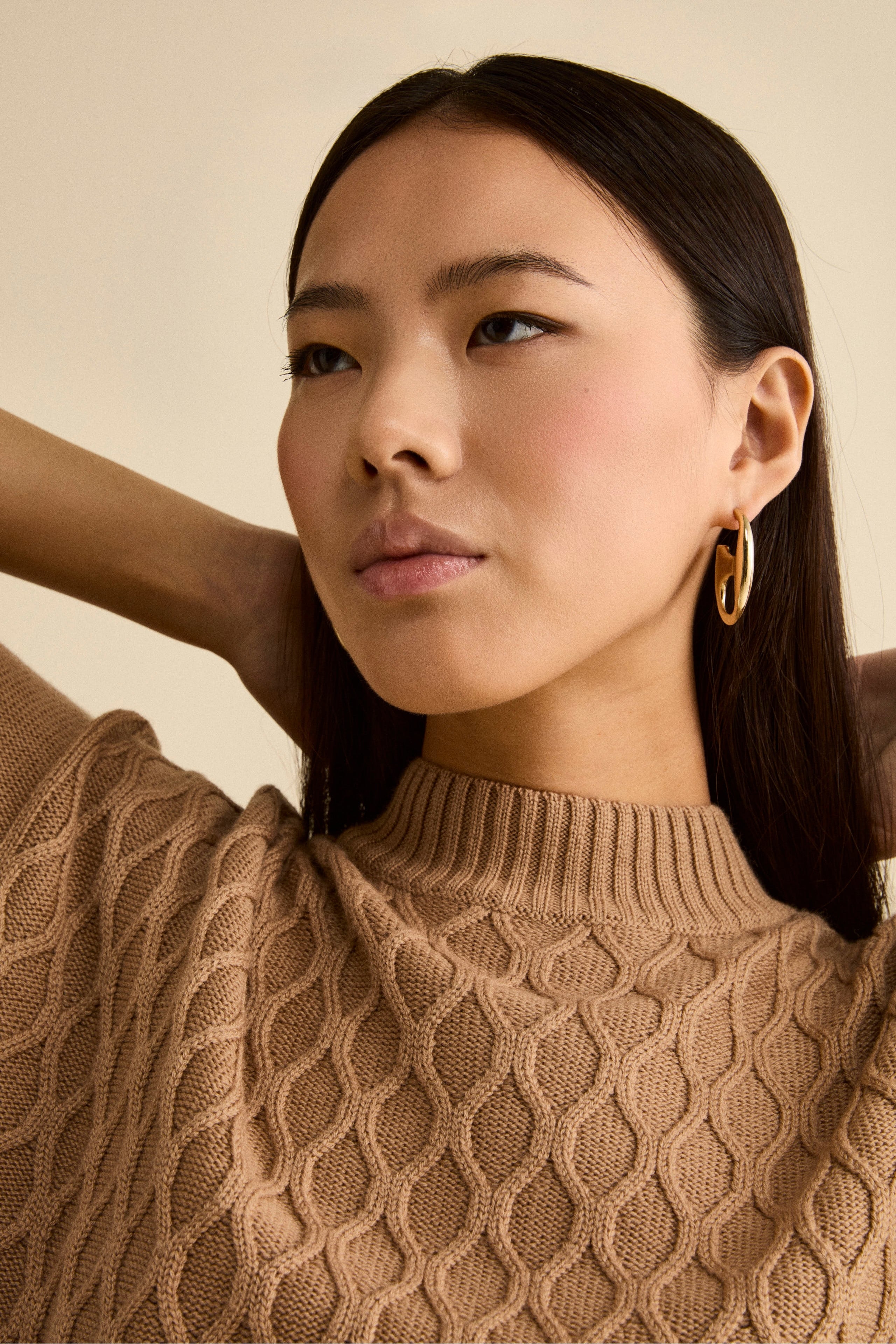 Girocollo Mezza Manica Lavorato in Lana Merino - CAMMELLO