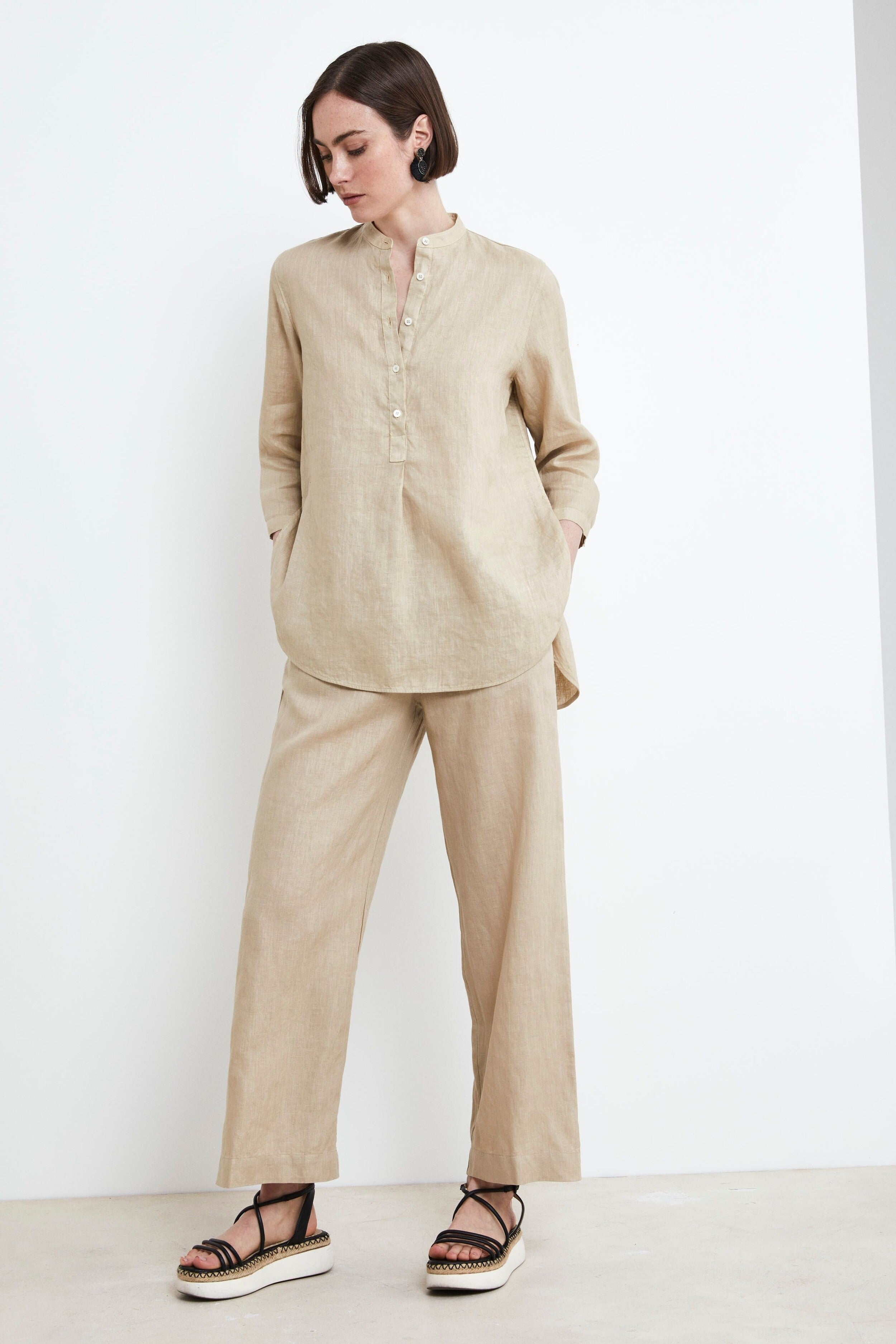 Camicia Coreana in Lino - BEIGE