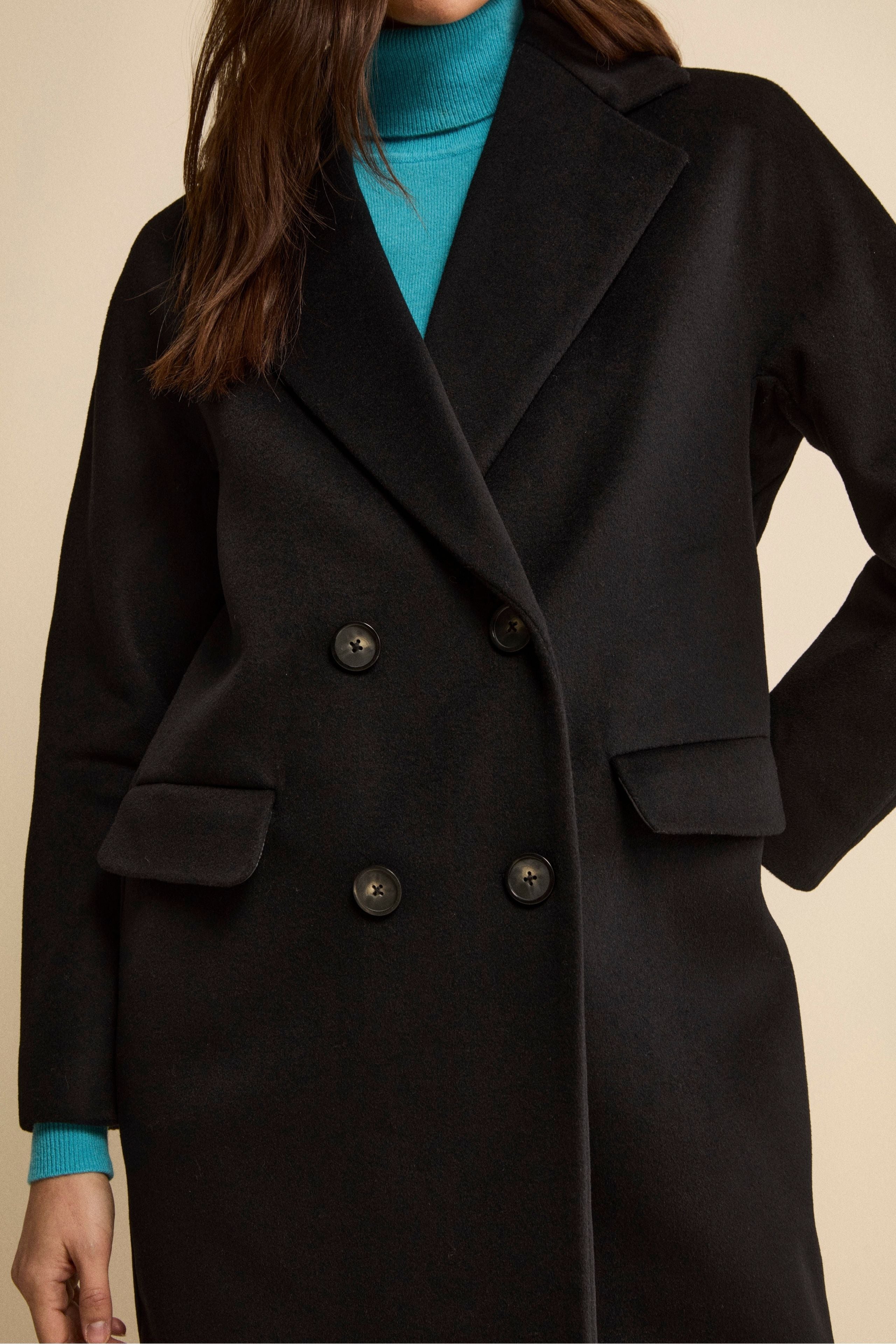 Cappotto Midi Doppiopetto in Misto Lana e Cashmere - NERO