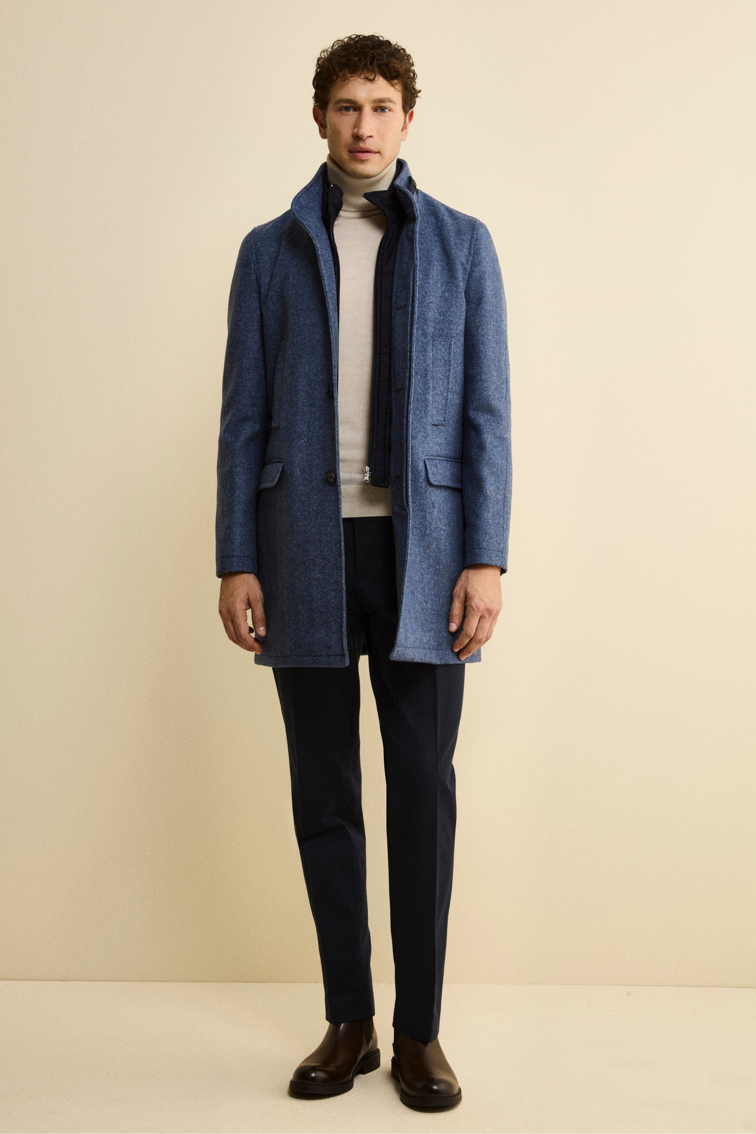 Cappotto Midi Spigato in Misto Lana e Cashmere - AZZURRO MELANGE