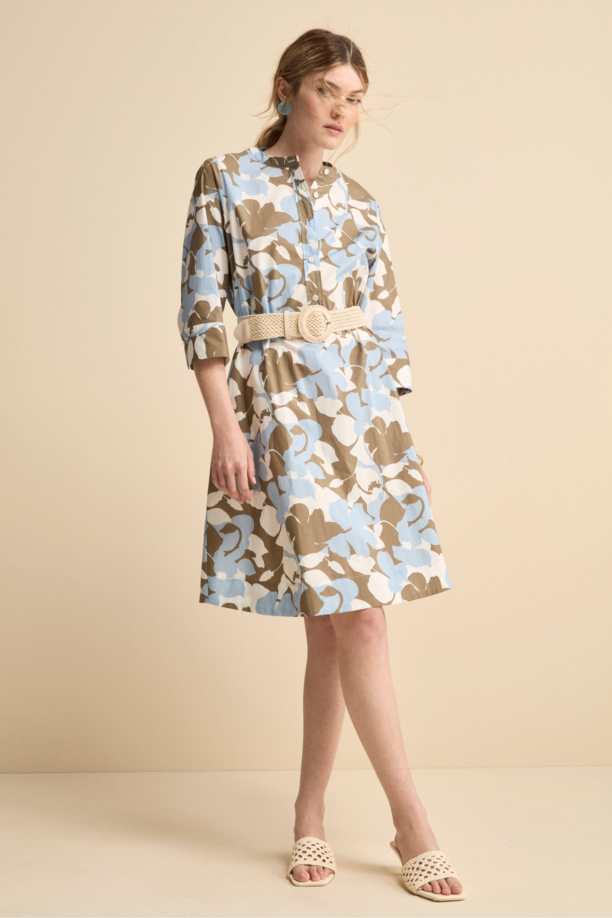 Abito Midi Floreale in Popeline - FANT. BIANCO/AZZURRO