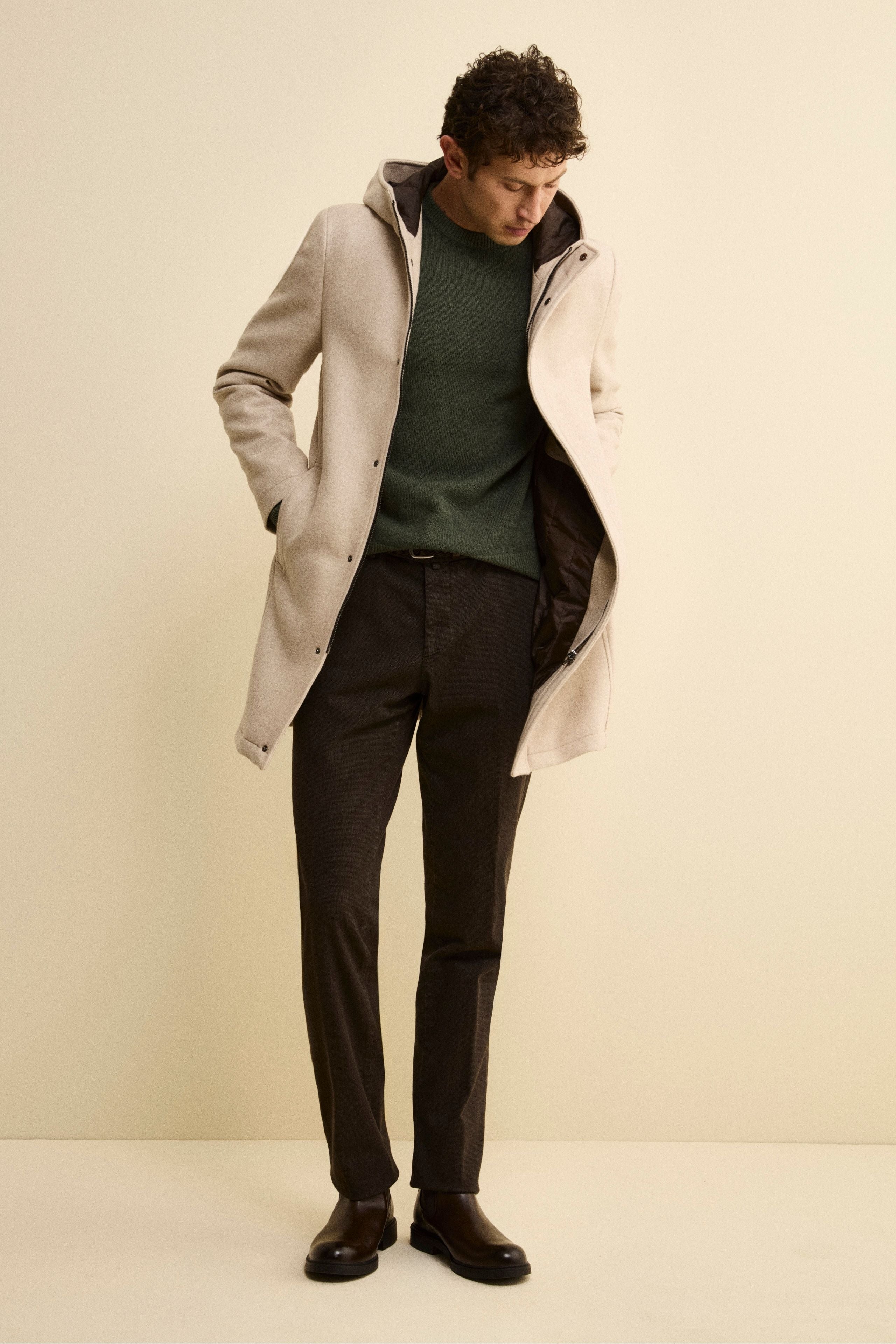 Cappotto Twill in Misto Lana con Zip e Cappuccio - TORTORA