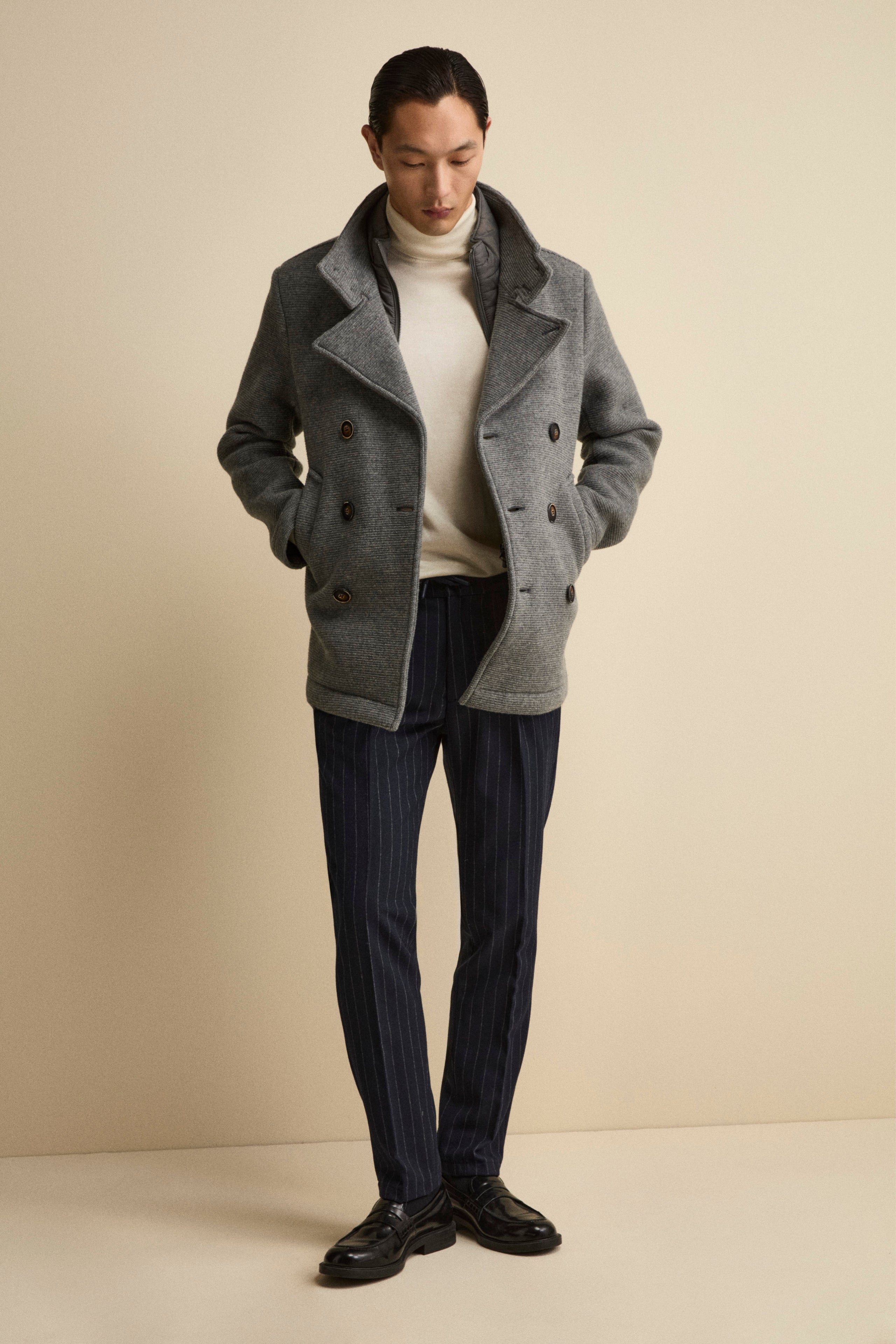 Peacoat Doppiopetto in Misto Lana con Pettorina - GRIGIO MELANGE