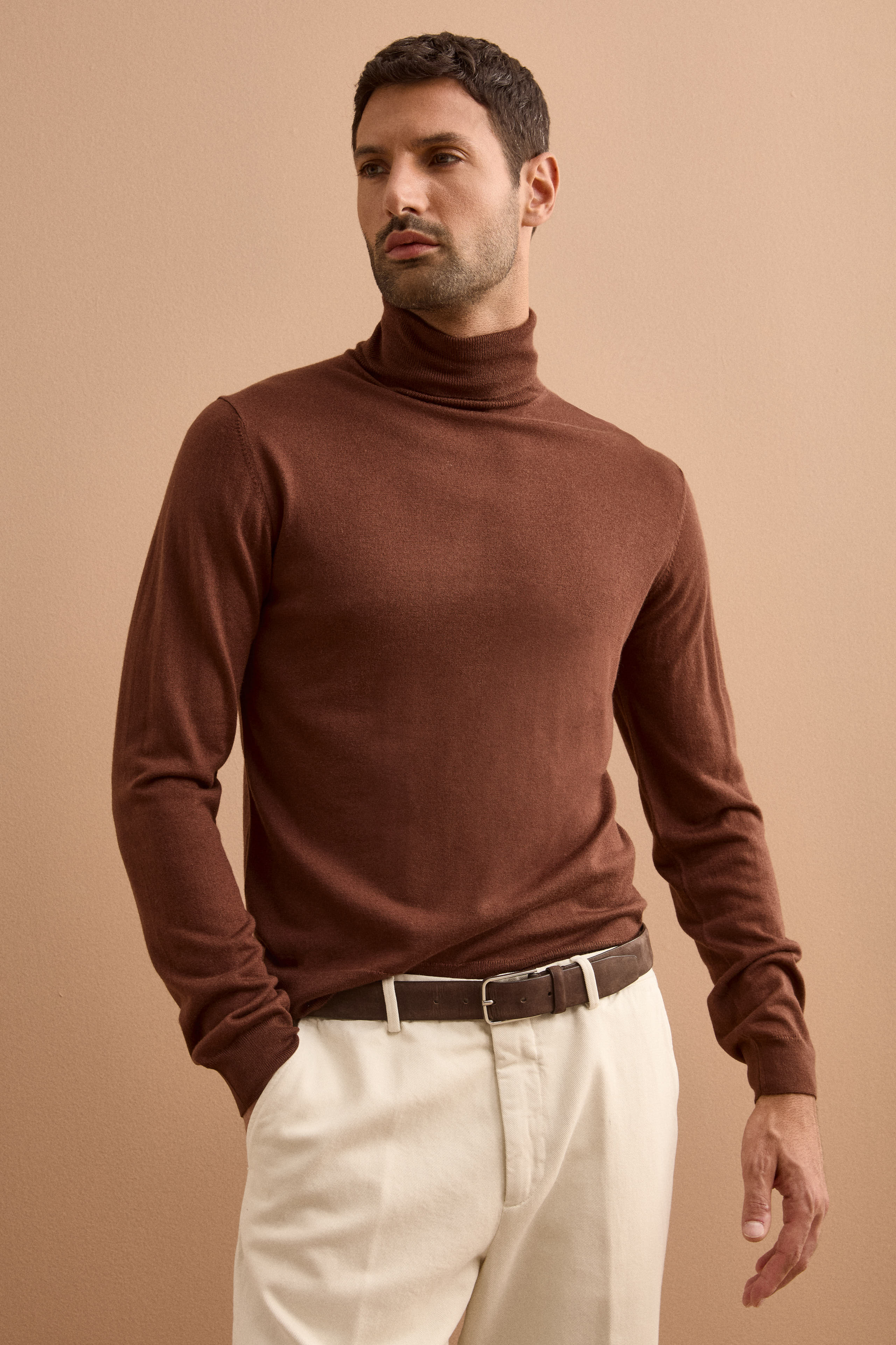 Maglia dolcevita in seta e cashmere - MARRONE