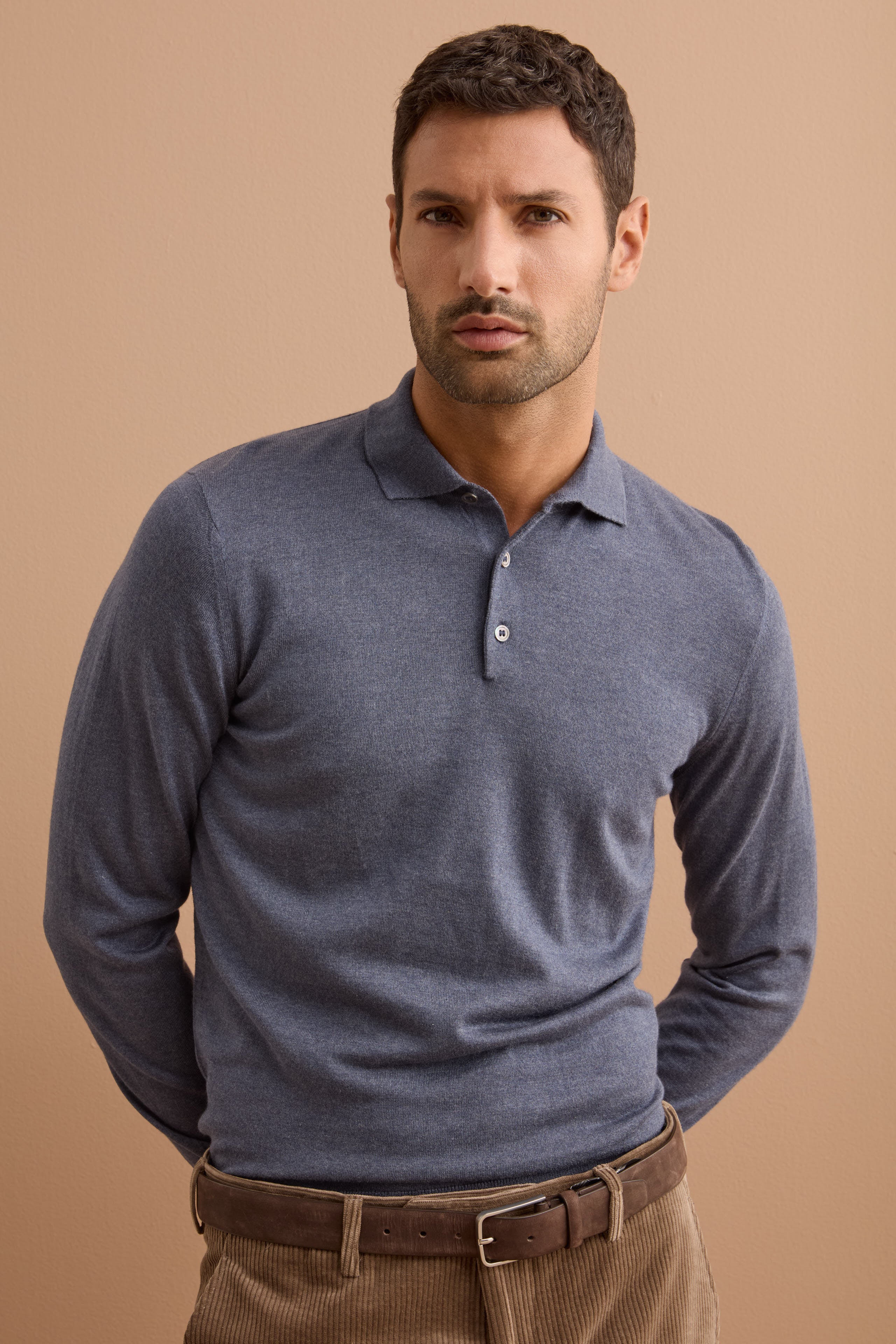 Polo con Bottoni in Seta e Cashmere - BLU GRIGIO