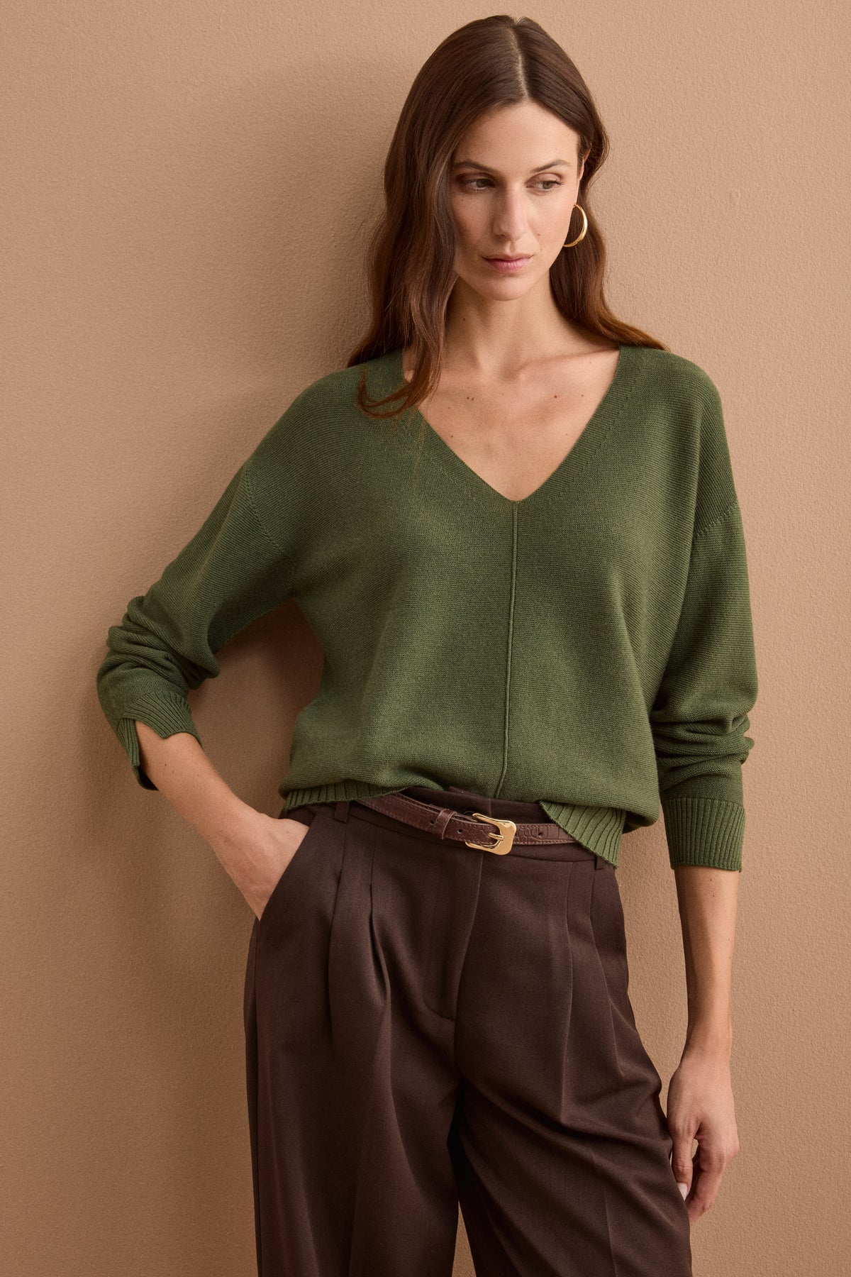 Maglia Over Scollo a V in Lana Merino - VERDE MILITARE