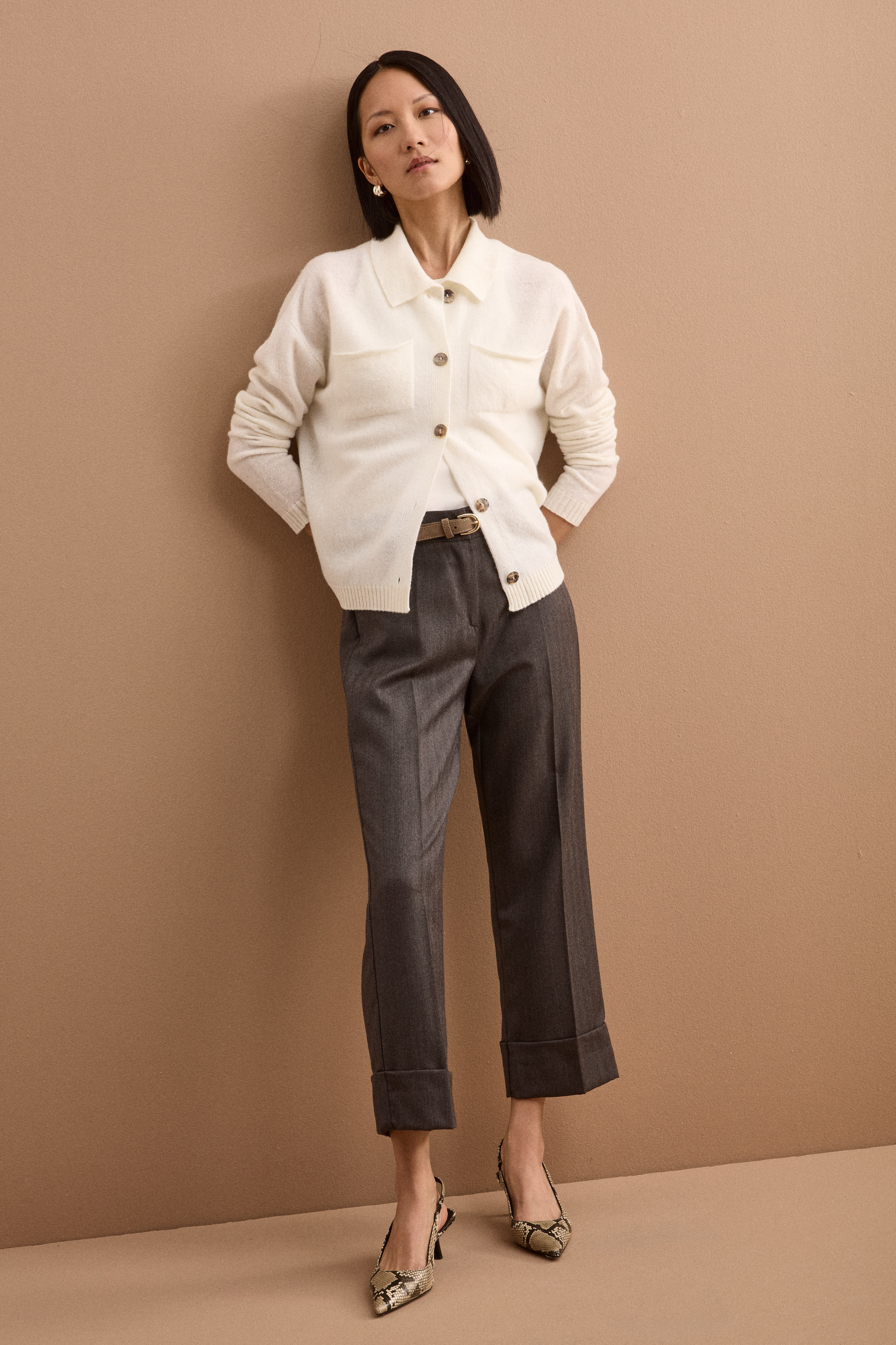 Pantalone Straight con Risvolto in Pura Lana - GRIGIO SPIGATO