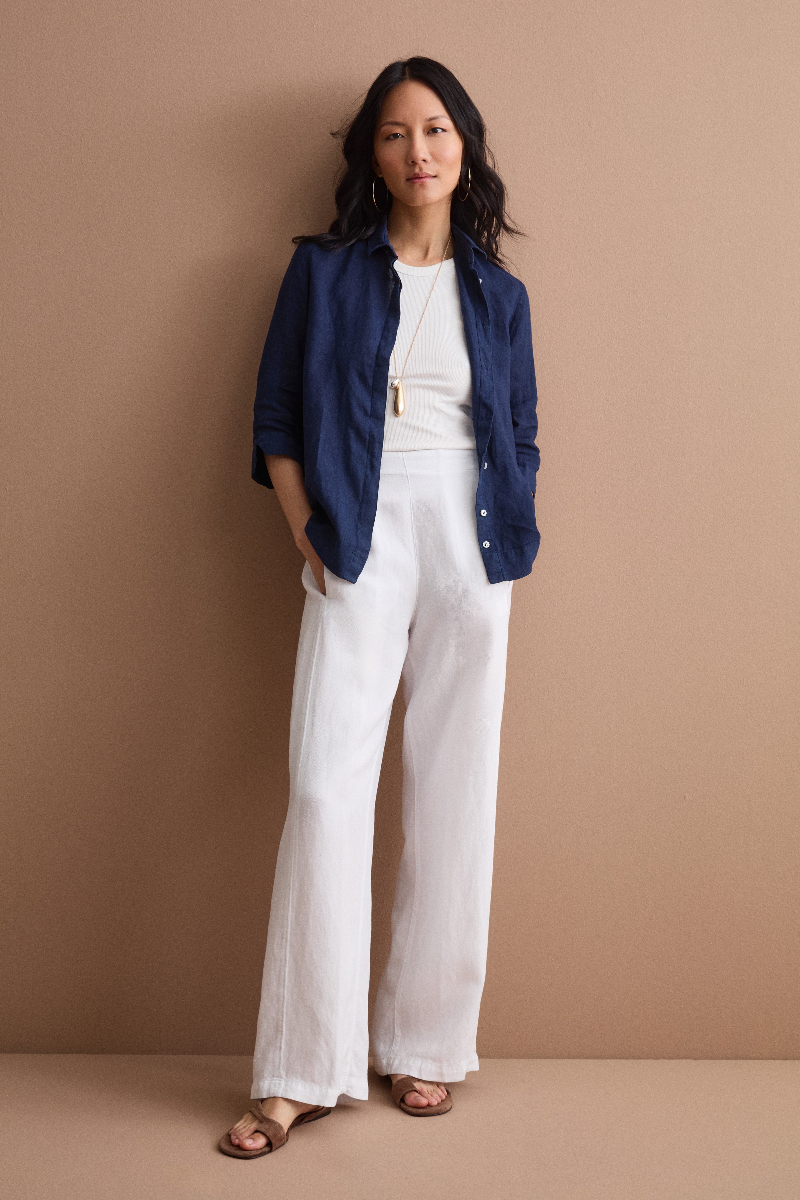 Pantalone Ampio in Misto Lino con Elastico - BIANCO