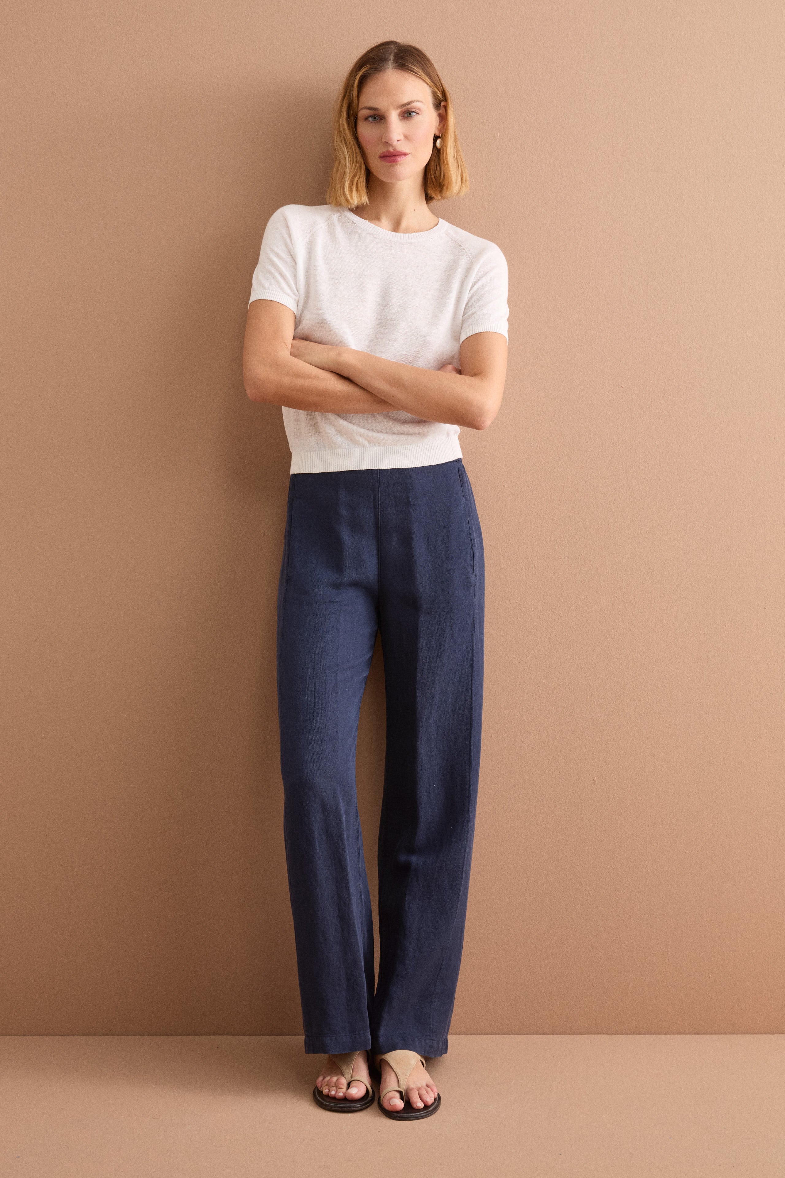 Pantalone Ampio in Misto Lino con Elastico - BLU