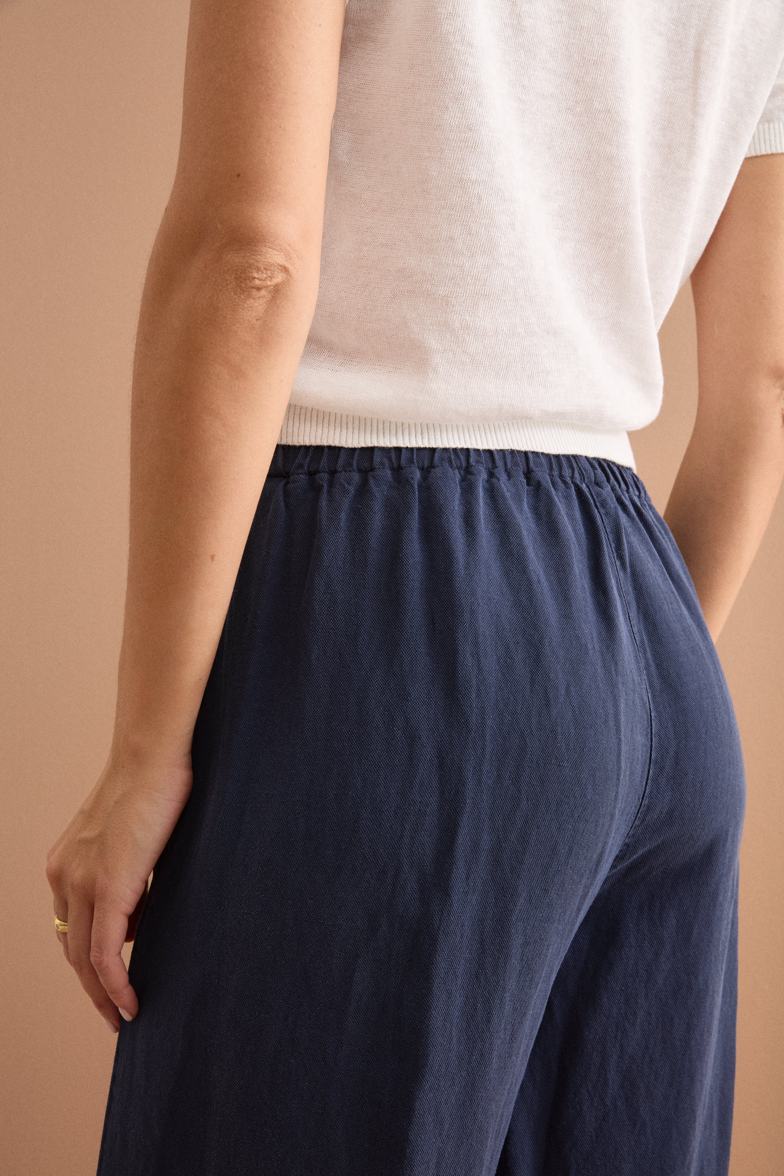 Pantalone Ampio in Misto Lino con Elastico - BLU