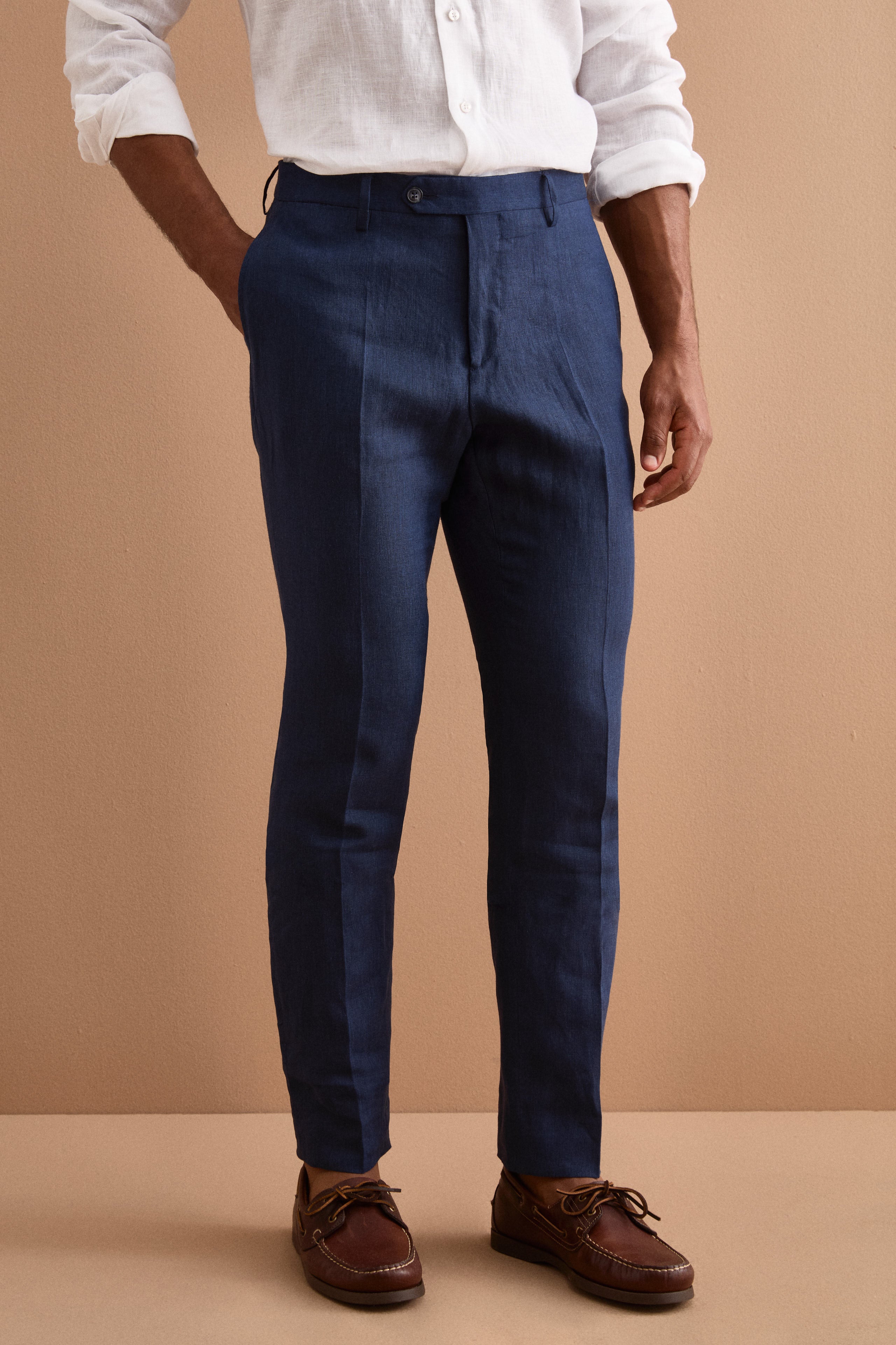 Pantalone Slim Fit in Lino con Pieghe - BLU
