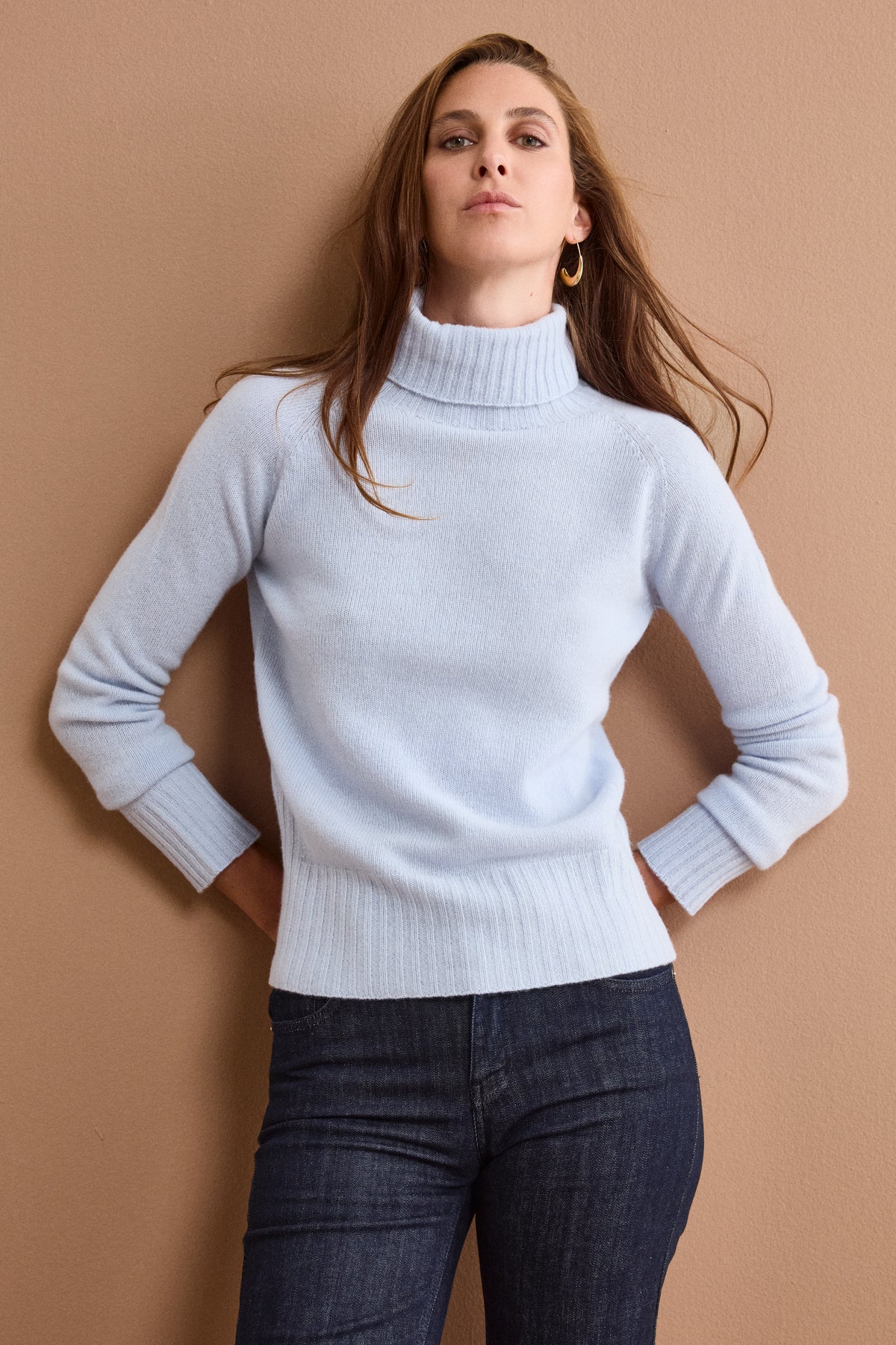 Dolcevita Raglan in Lana e Cashmere con Collo a Coste - AZZURRO