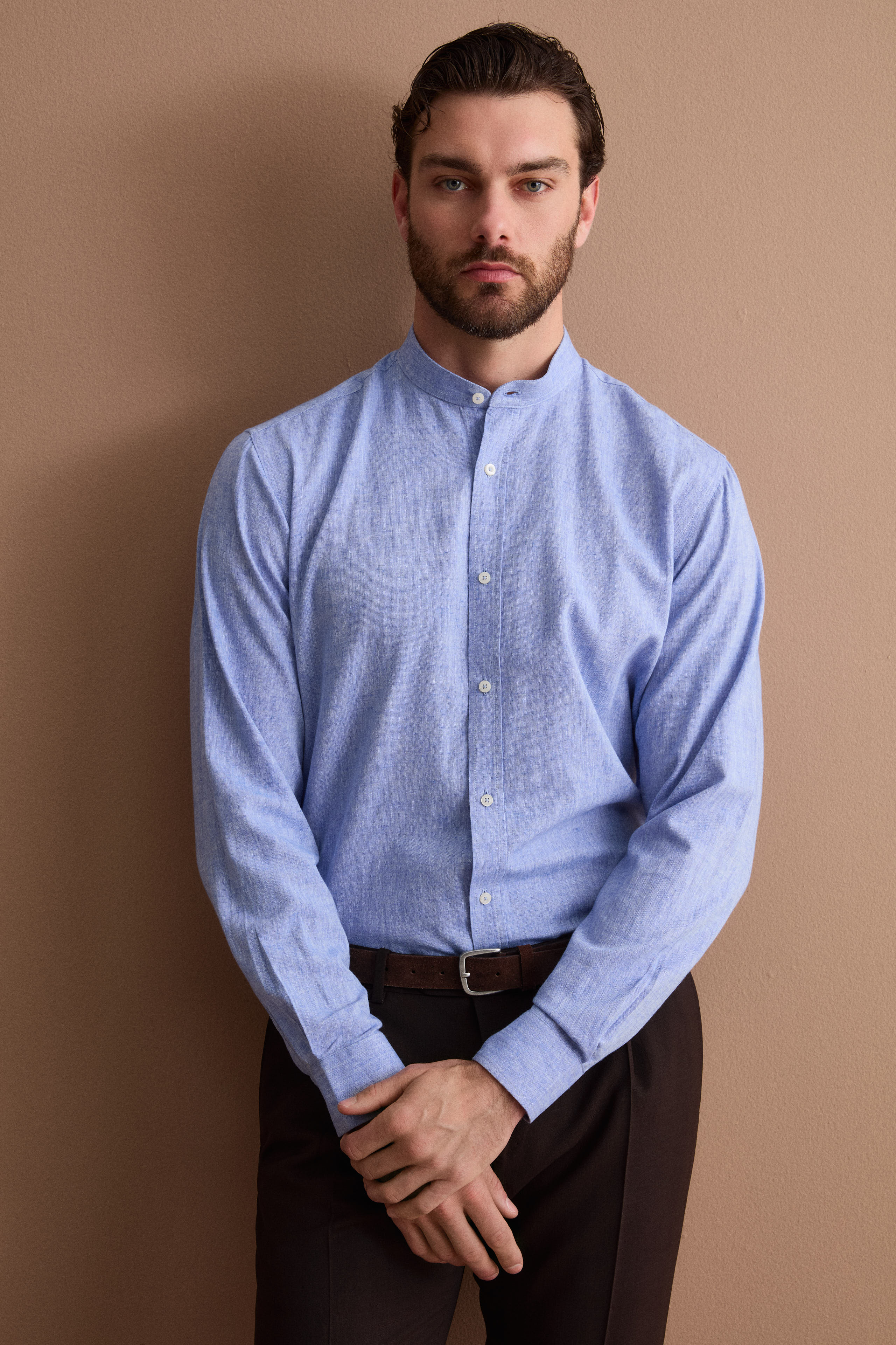 Camicia Coreana Custom Fit in Misto Lino - AZZURRO