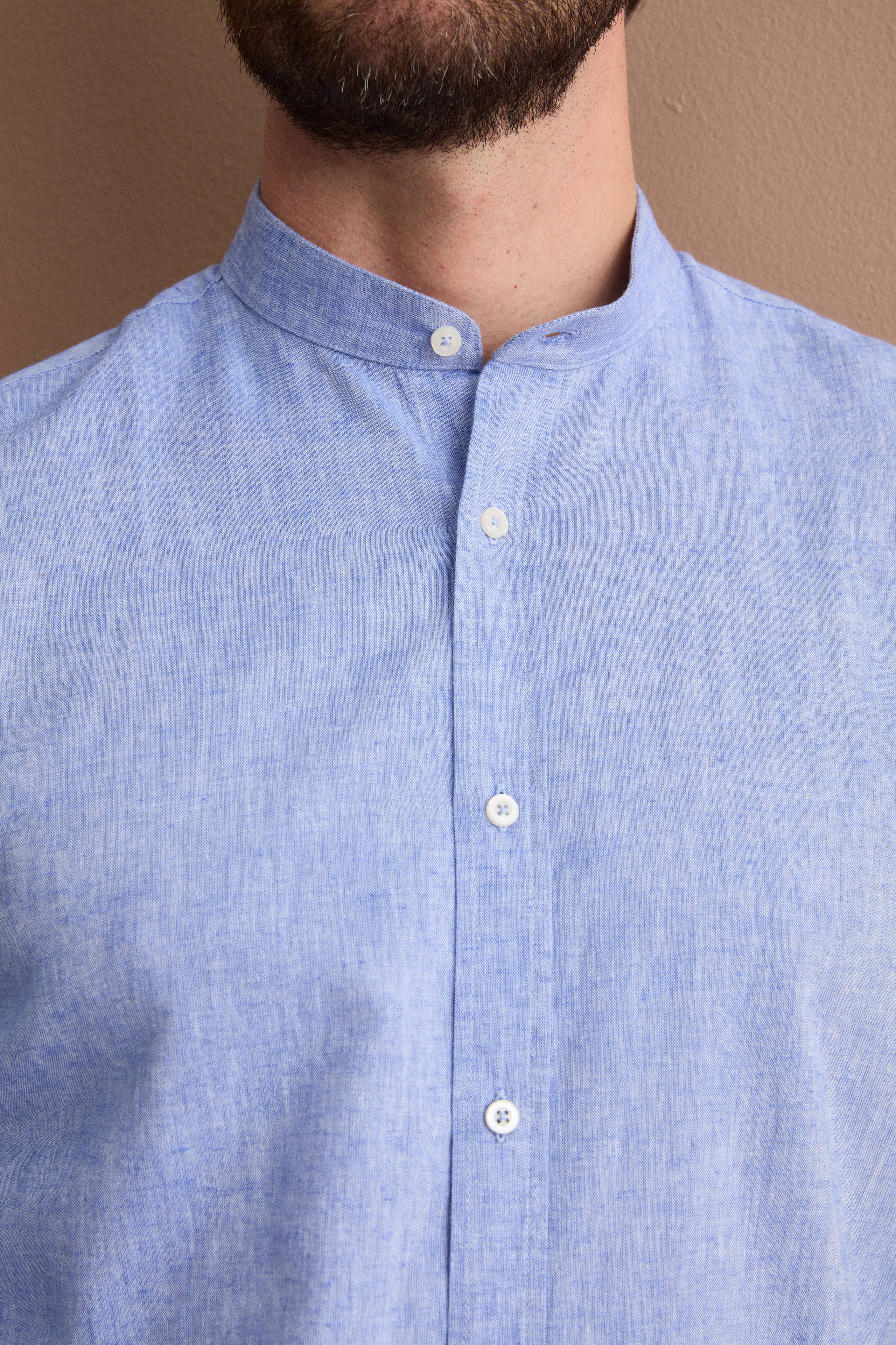 Camicia Coreana Custom Fit in Misto Lino - AZZURRO