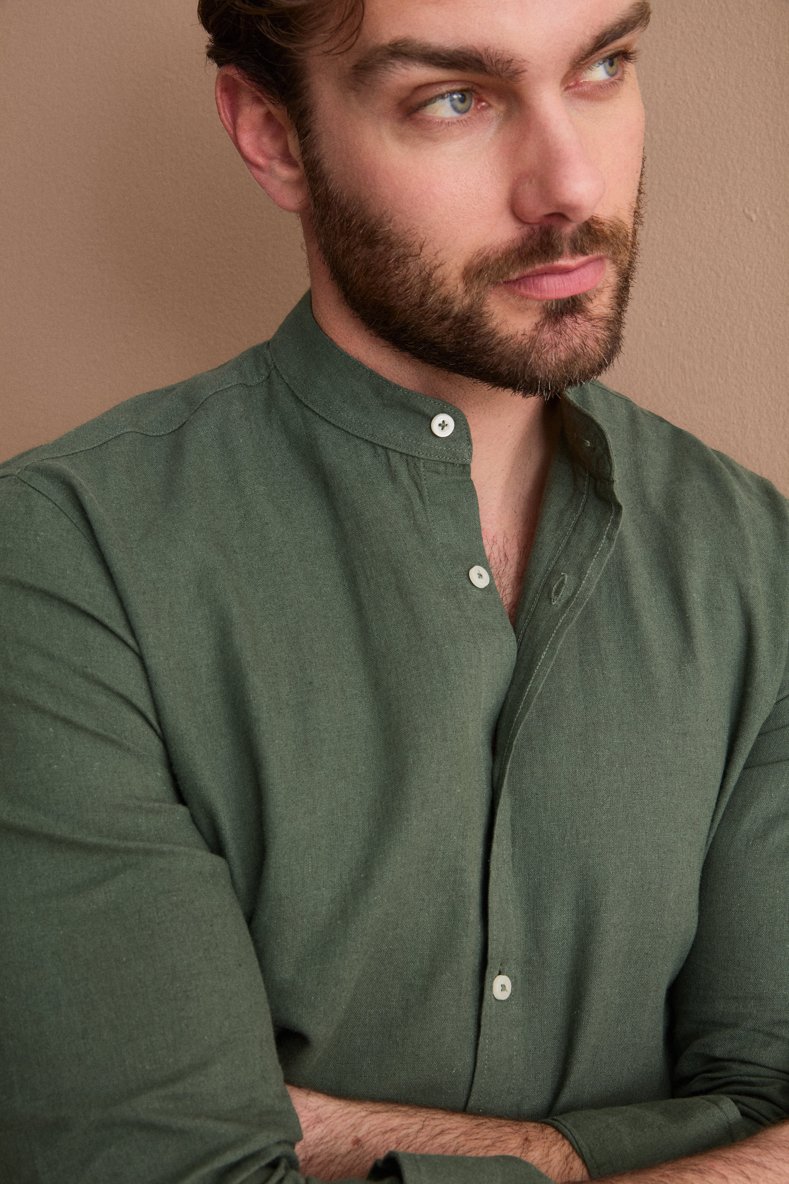 Camicia Coreana Custom Fit in Misto Lino - MILITARY