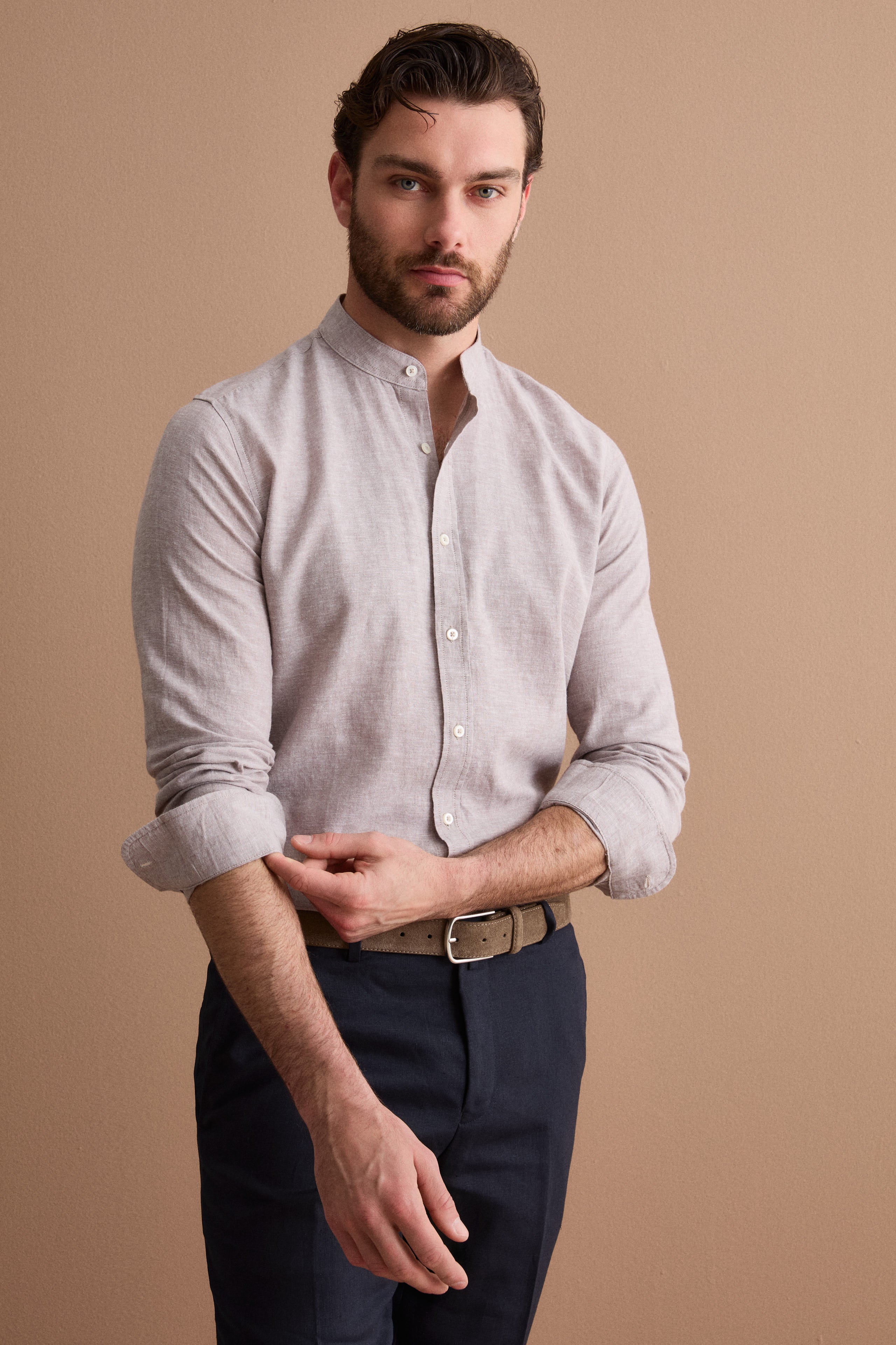 Camicia Coreana Custom Fit in Misto Lino - NOCCIOLA