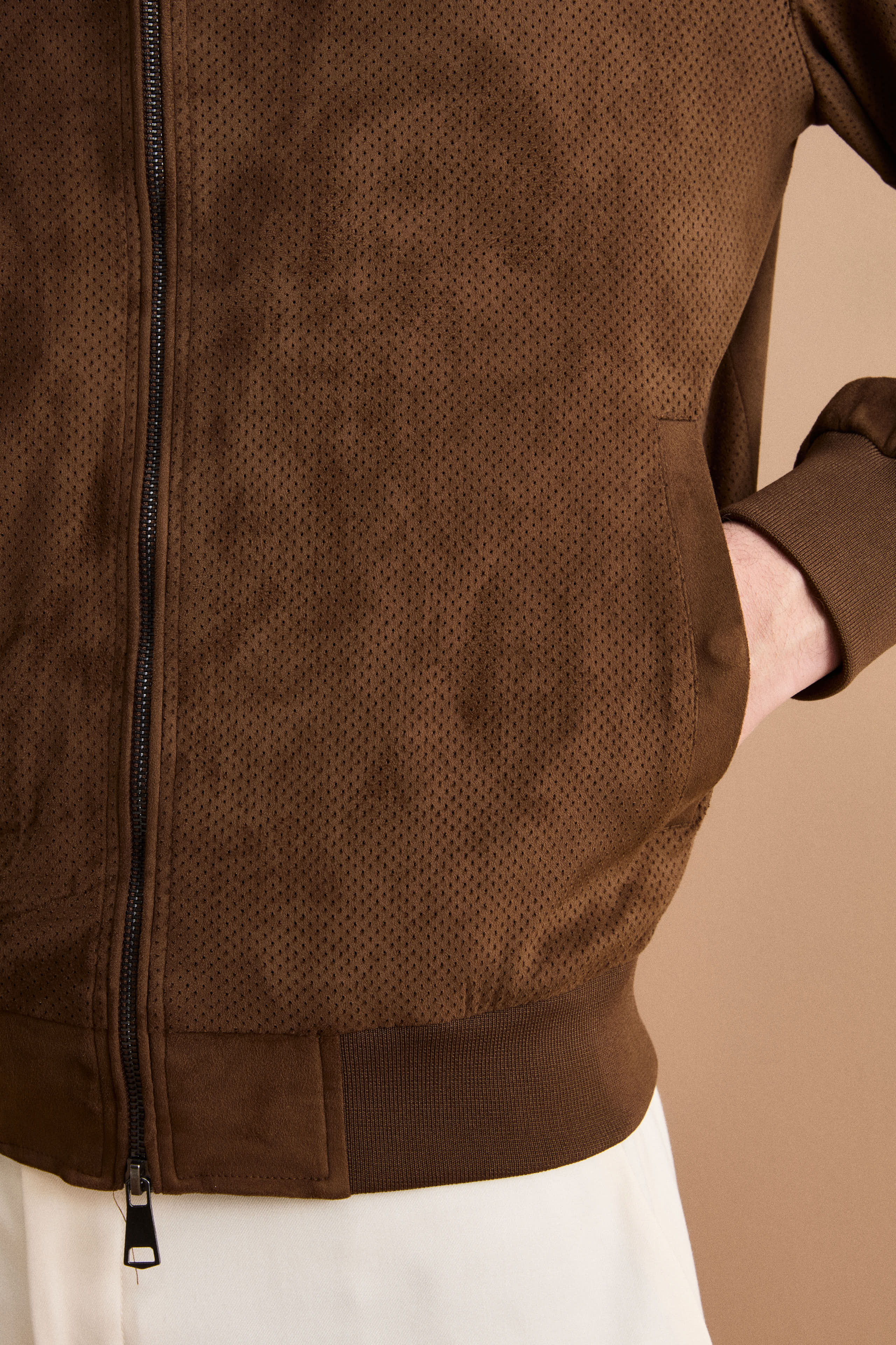 Giubbotto Regular Fit Scamosciato in Alcantara - CIOCCOLATO