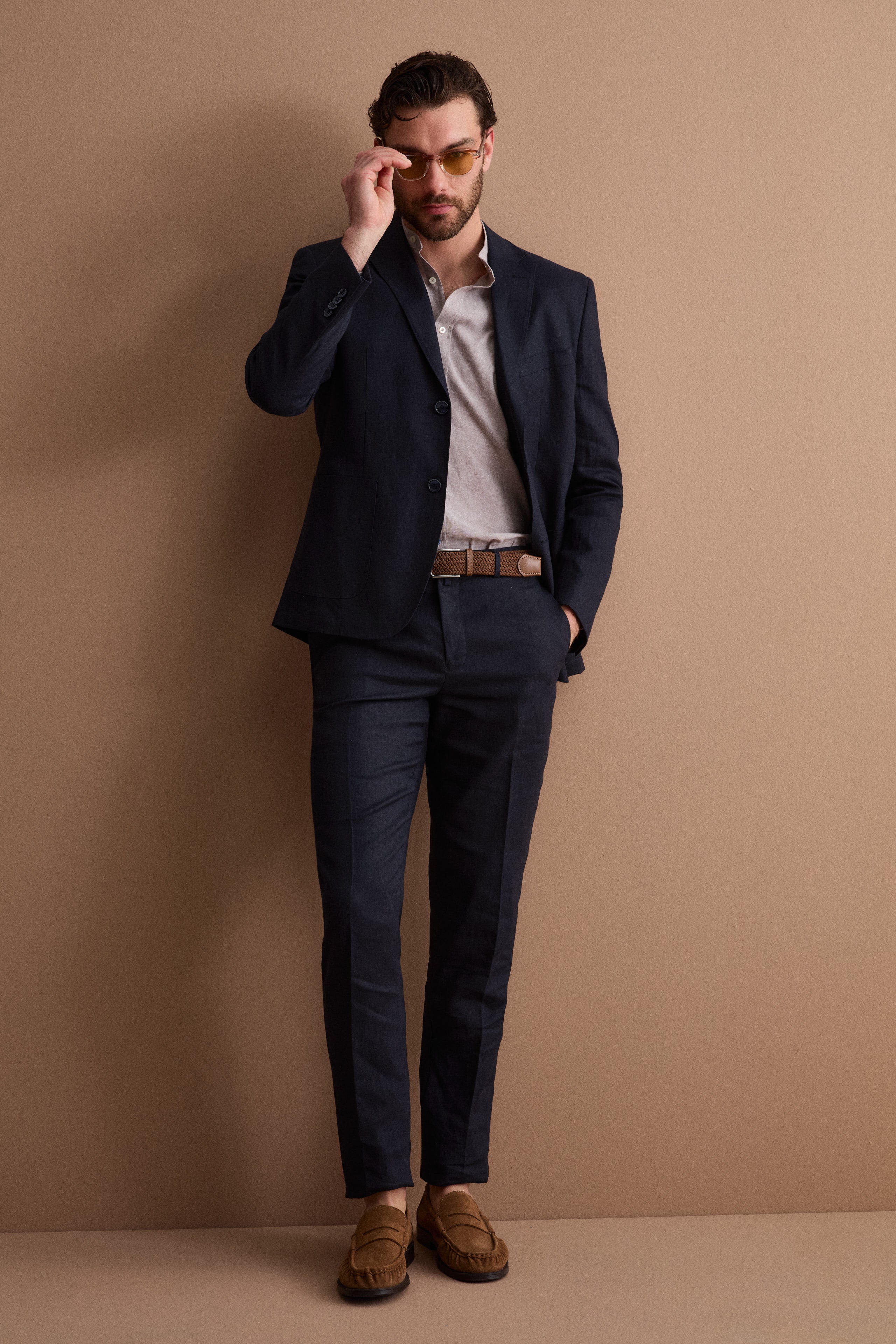 Abito Regular Fit Monopetto in Lino - NAVY