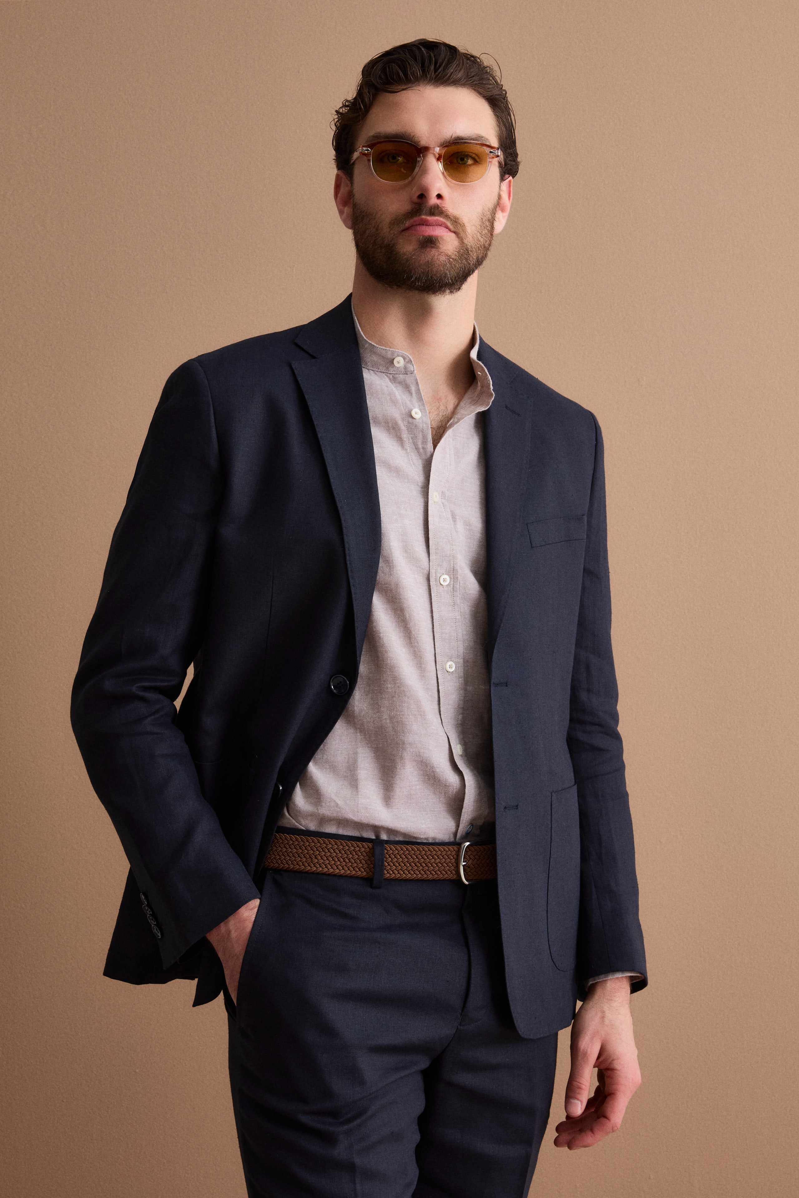 Abito Regular Fit Monopetto in Lino - NAVY