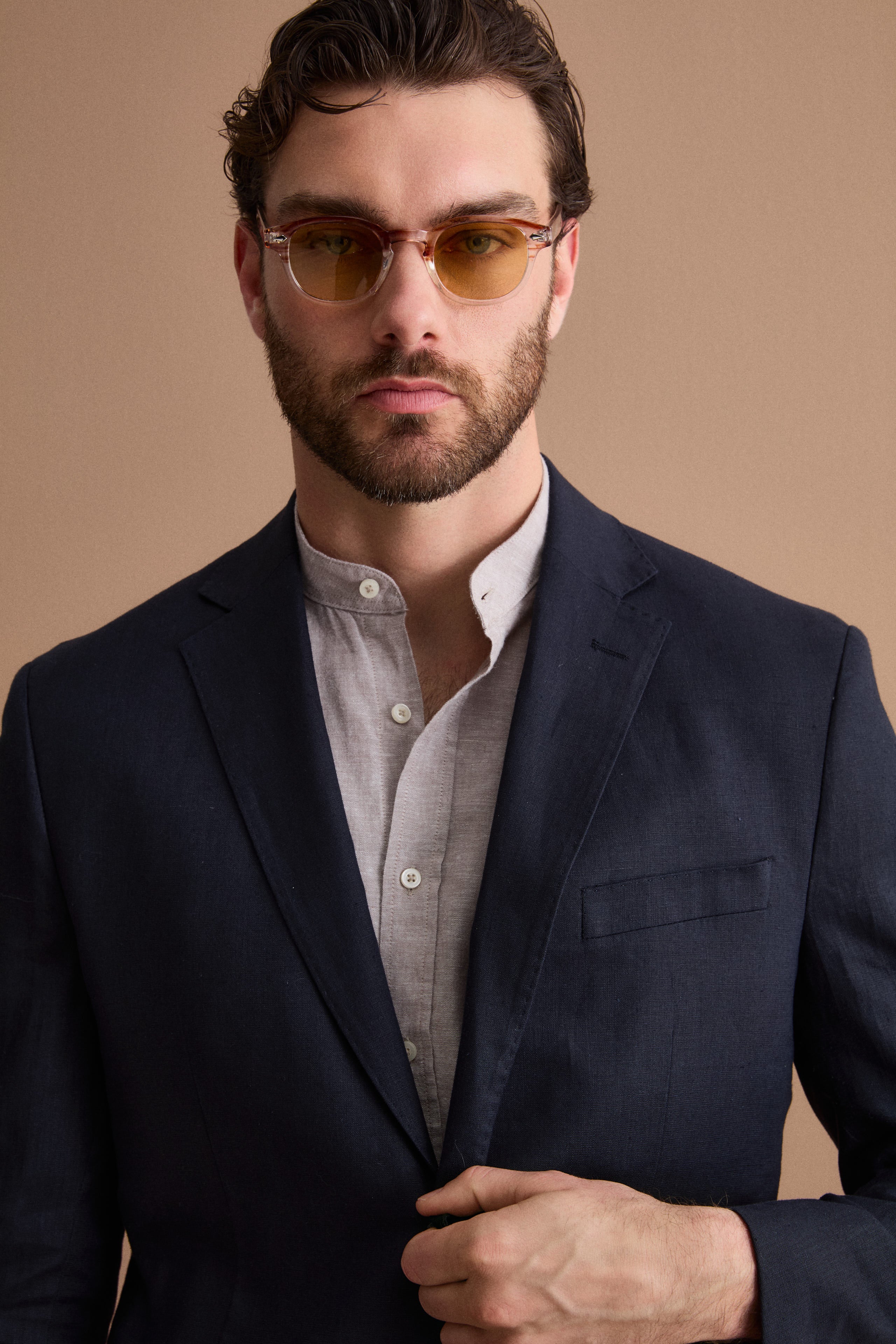 Abito Regular Fit Monopetto in Lino - NAVY