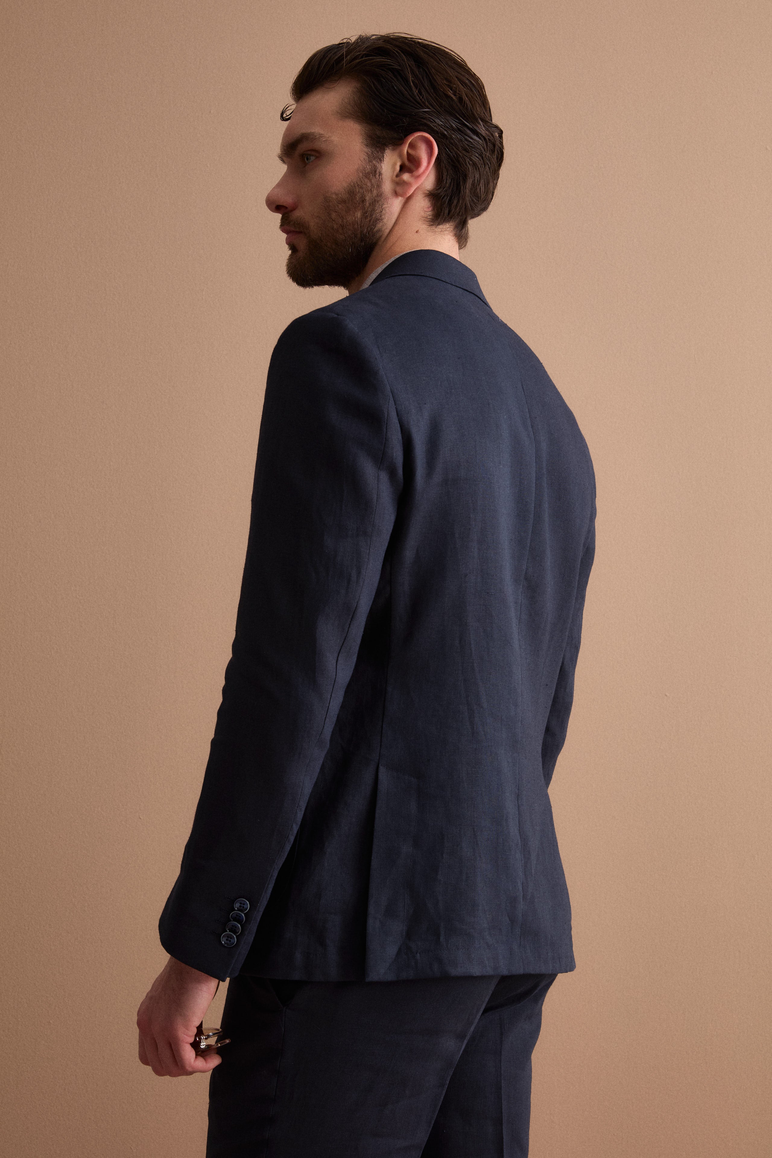 Abito Regular Fit Monopetto in Lino - NAVY