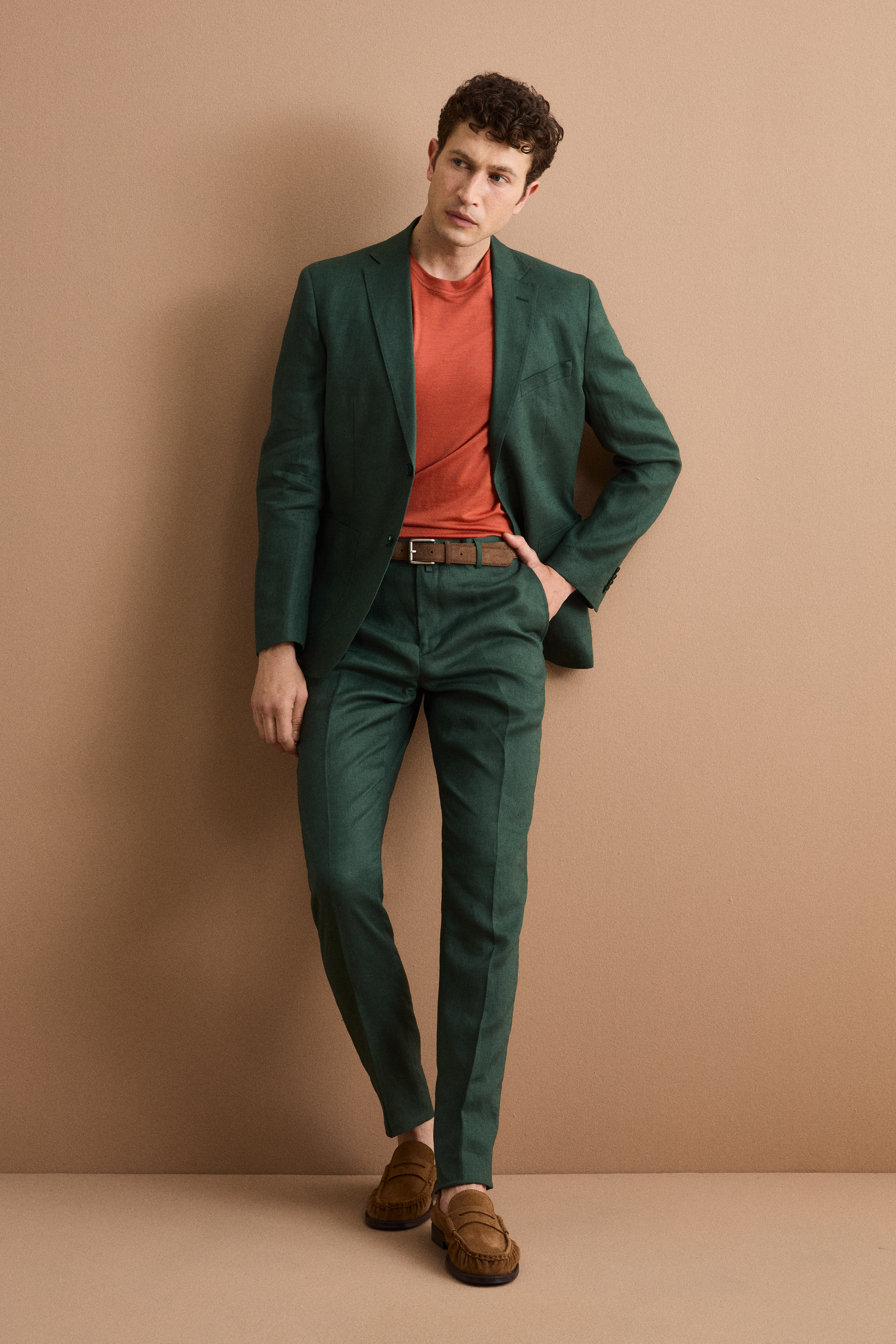 Abito Regular Fit Monopetto in Lino - VERDE