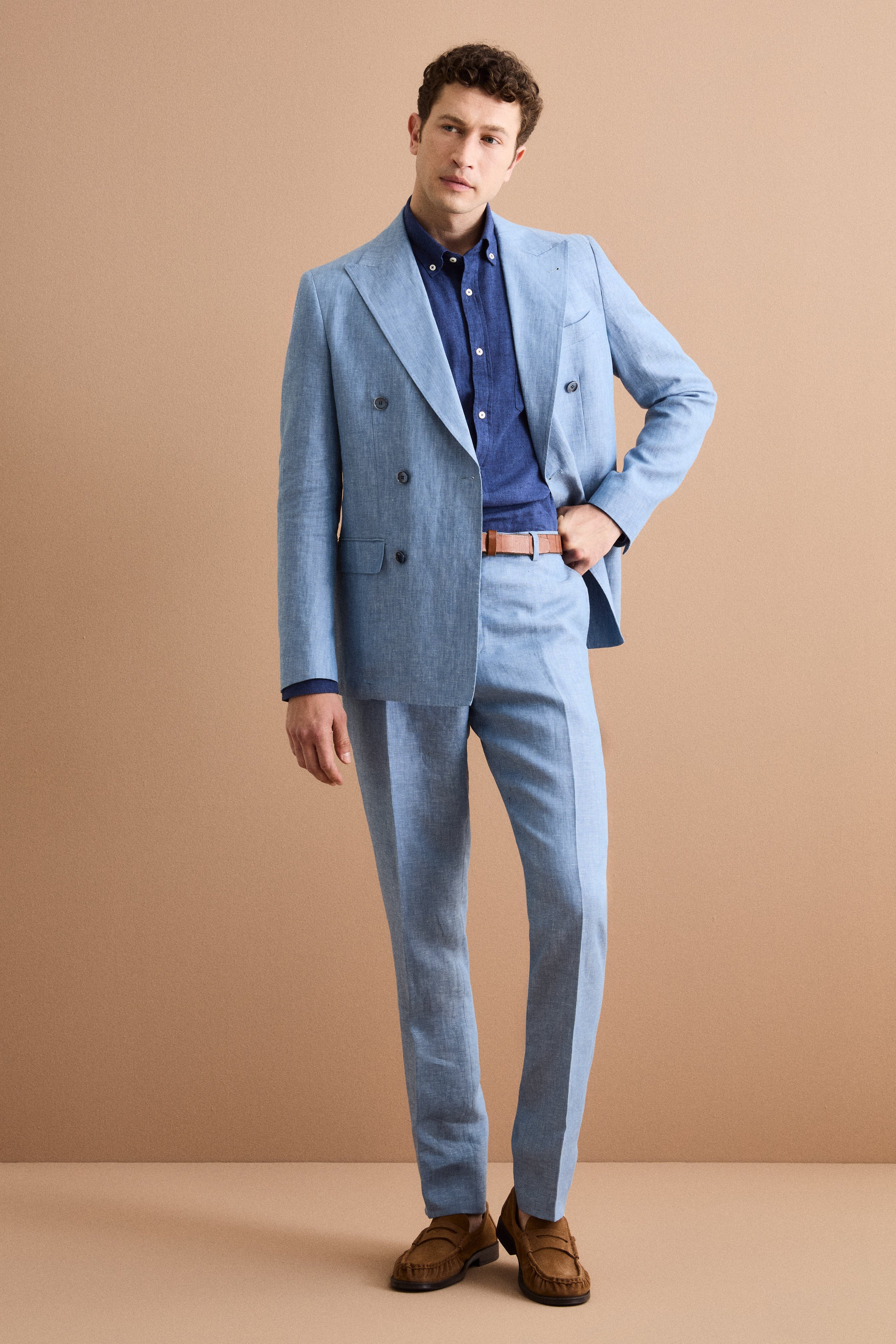 Abito Doppiopetto Slim Fit in Lino Melange - CIELO