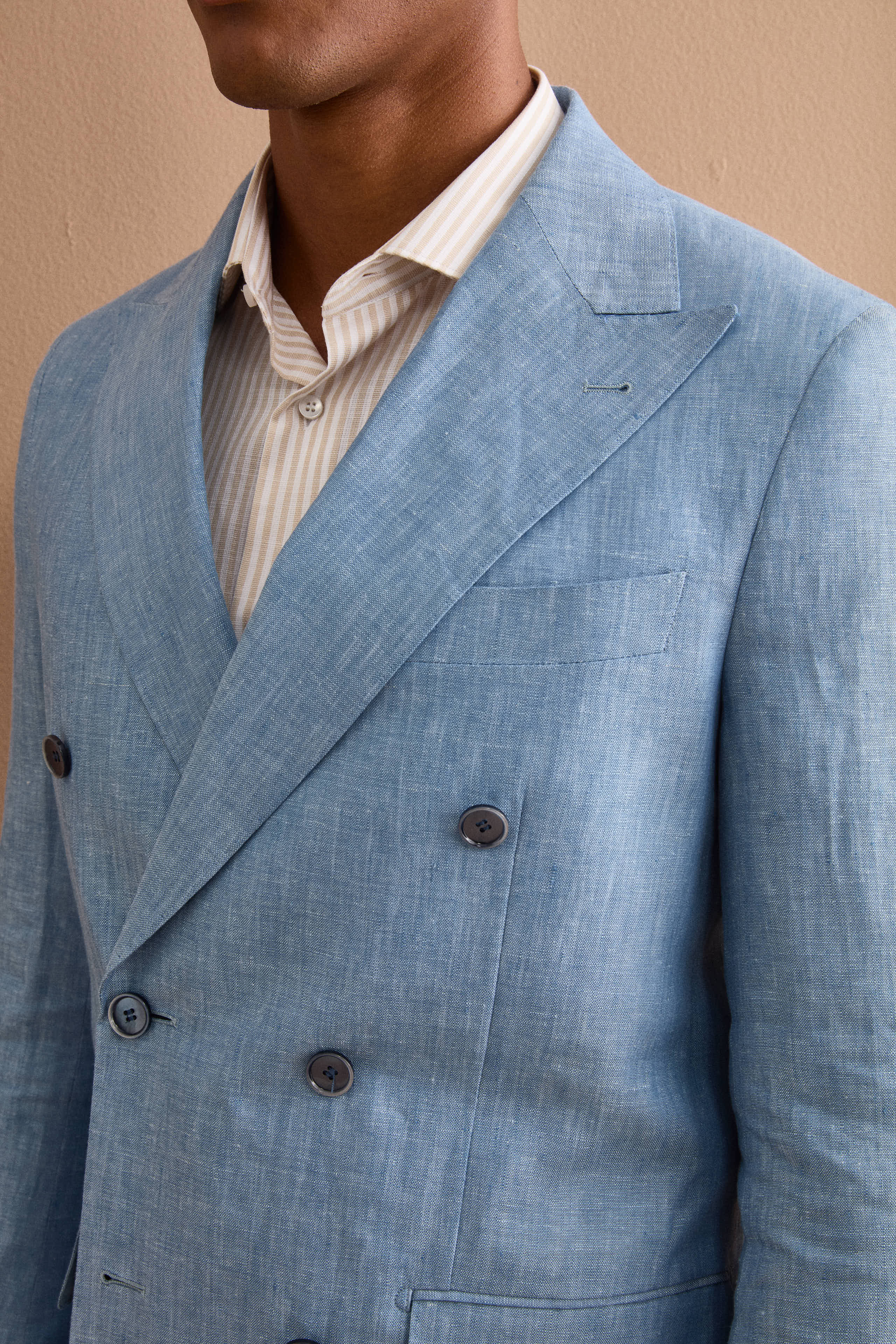 Abito Doppiopetto Slim Fit in Lino Melange - CIELO
