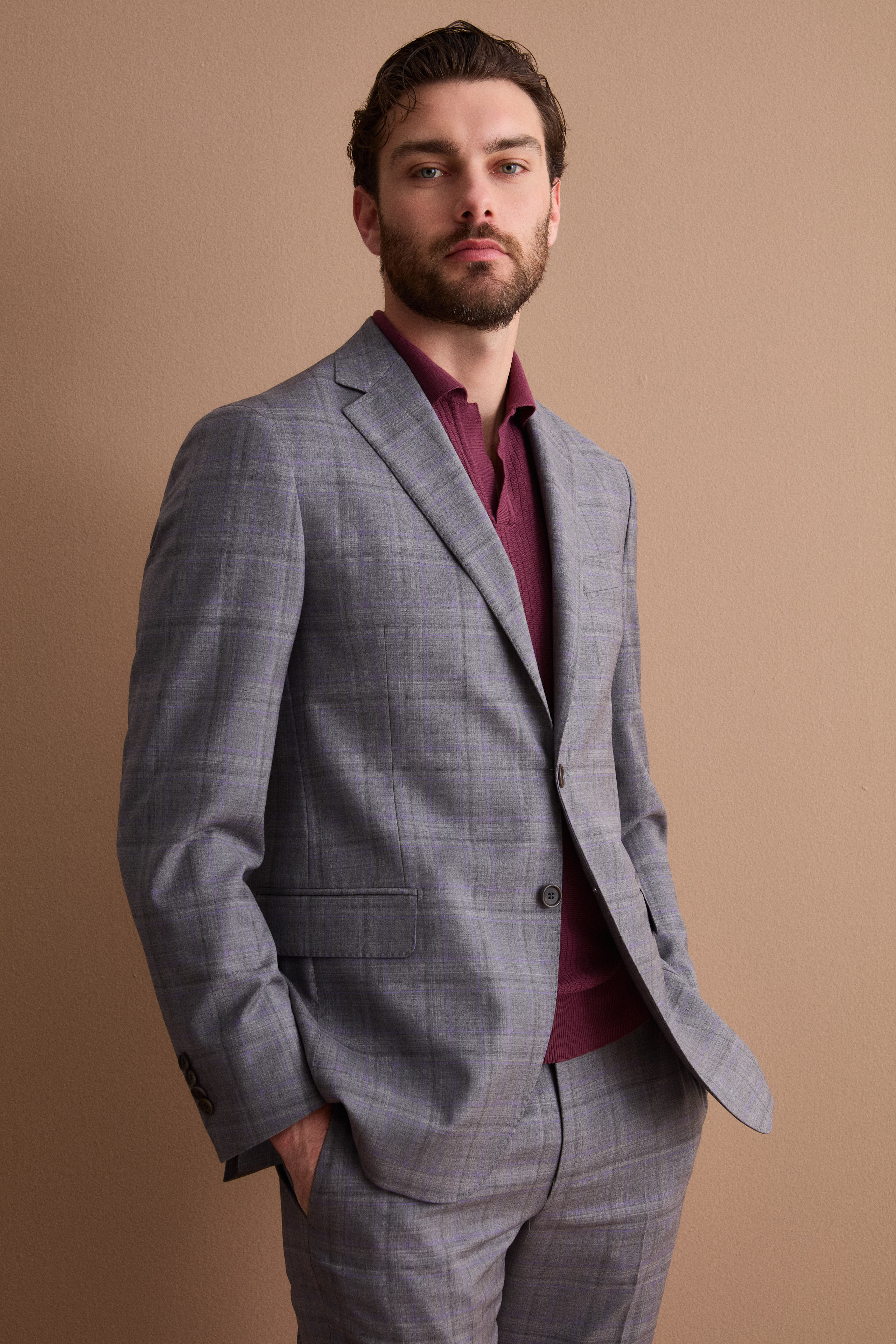 Abito Check Monopetto Foderato Regular Fit in Lana Vergine - GRIGIO QUADRI