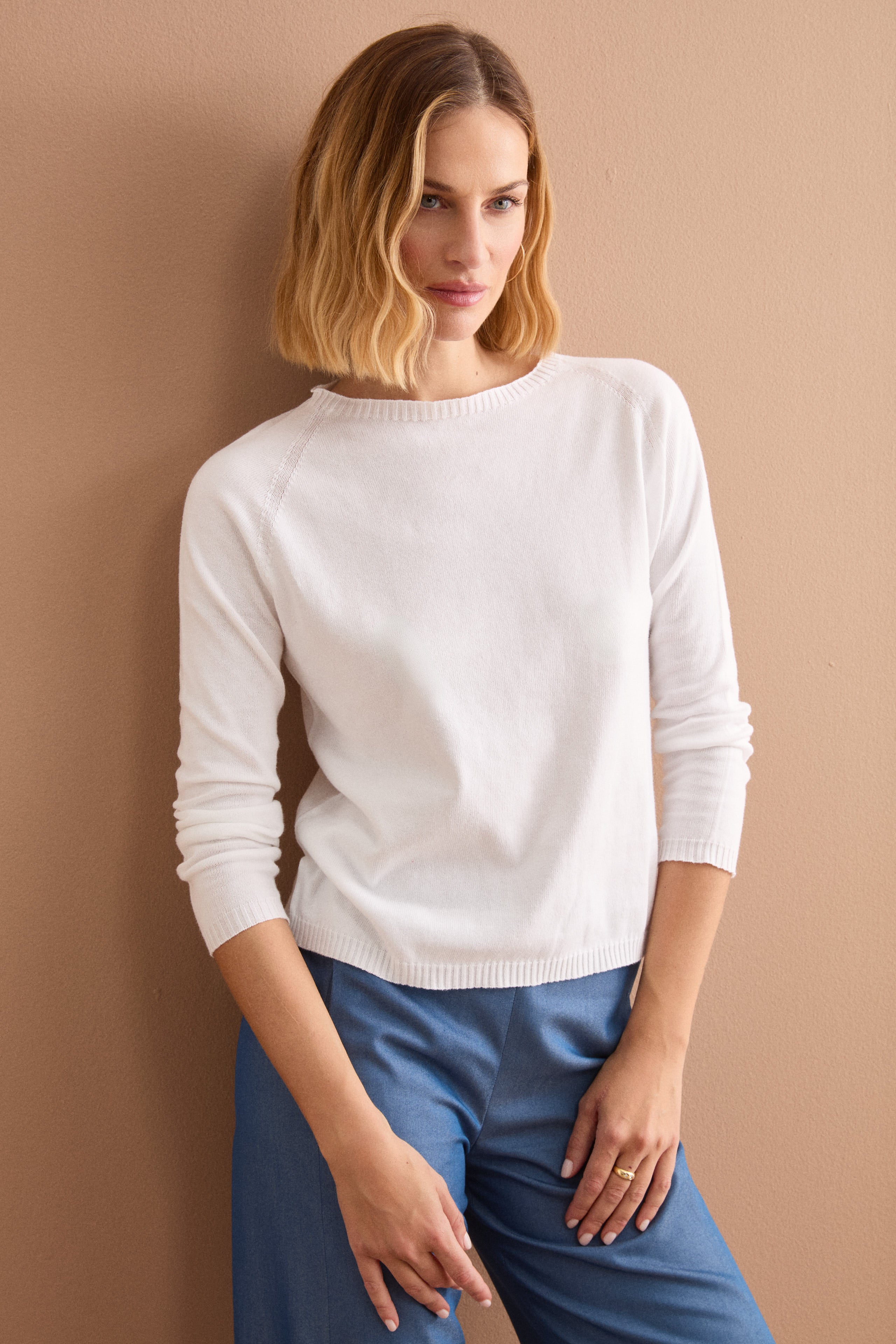 Maglia Barchetta in Cotone con Manica Raglan - BIANCO