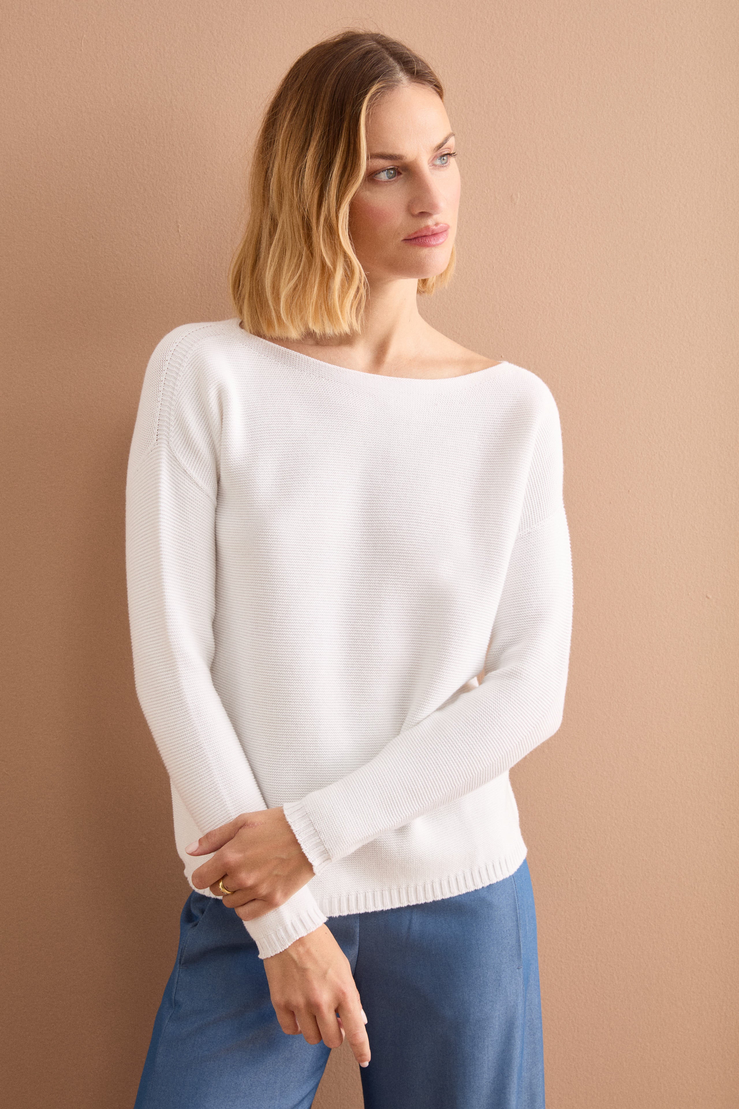 Maglia Links in Cotone con Scollo Barchetta - BIANCO