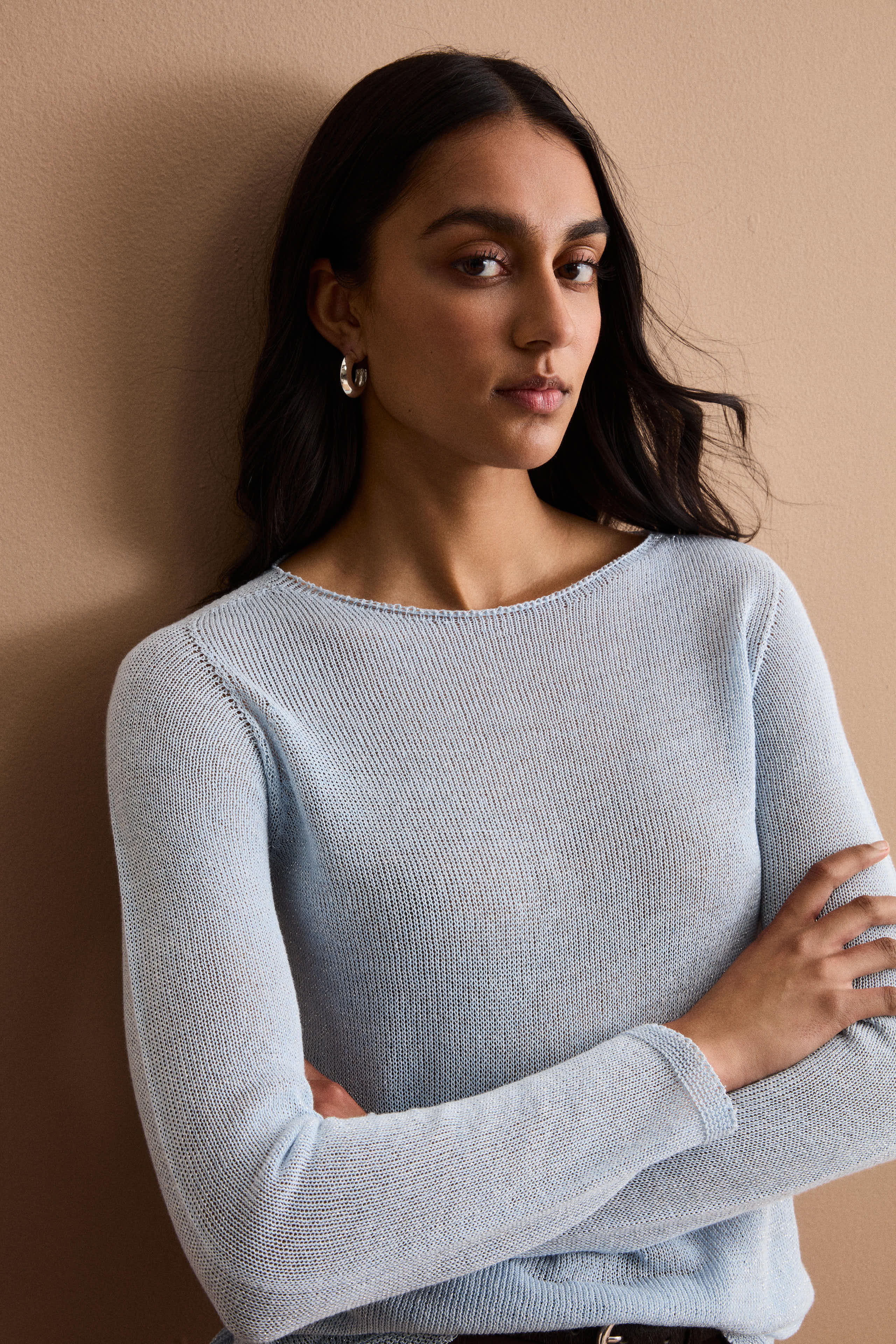 Maglia Lurex in Cotone con Scollo Barchetta - AZZURRO