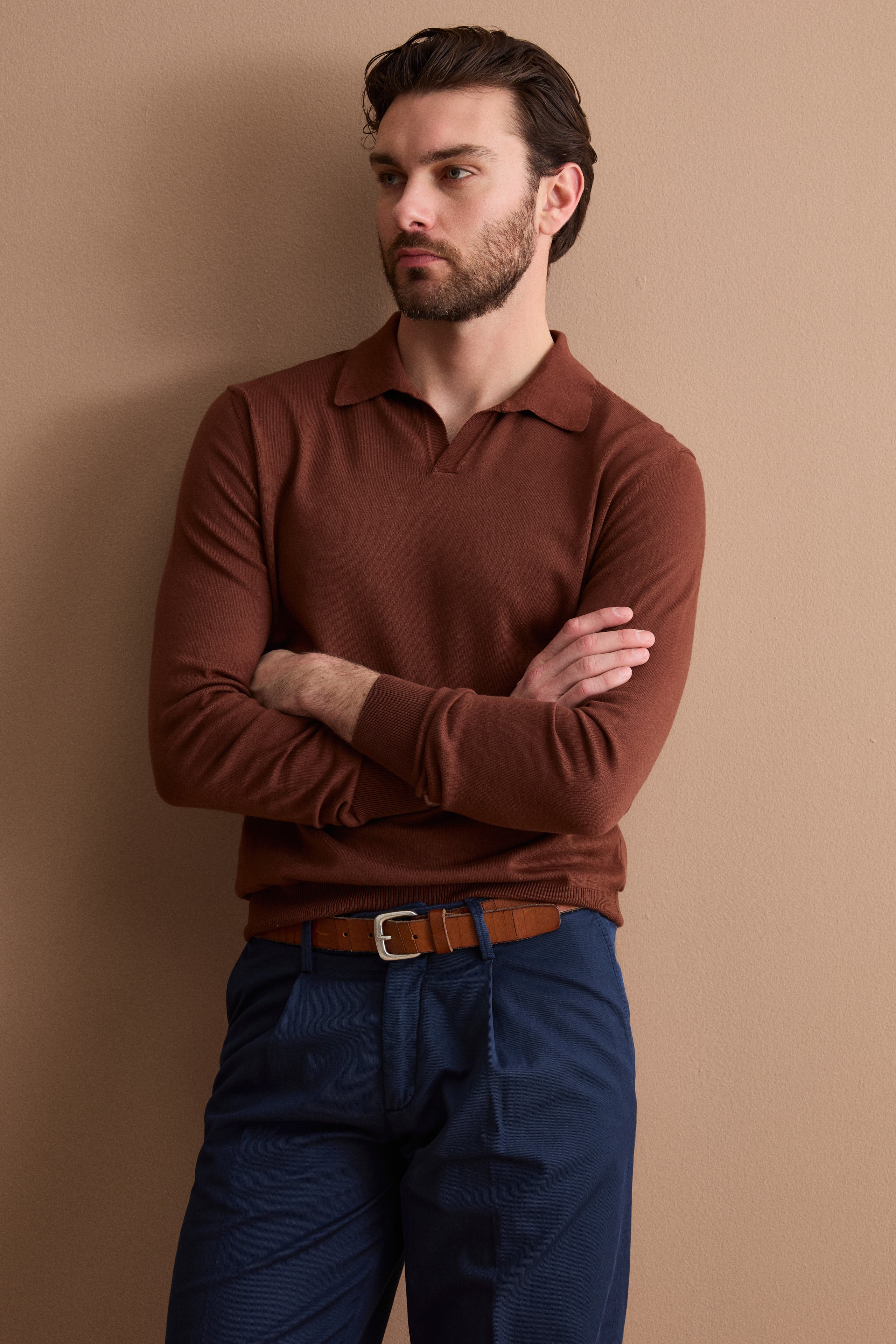 Polo Derby in Cotone con Manica Lunga - MARRONE