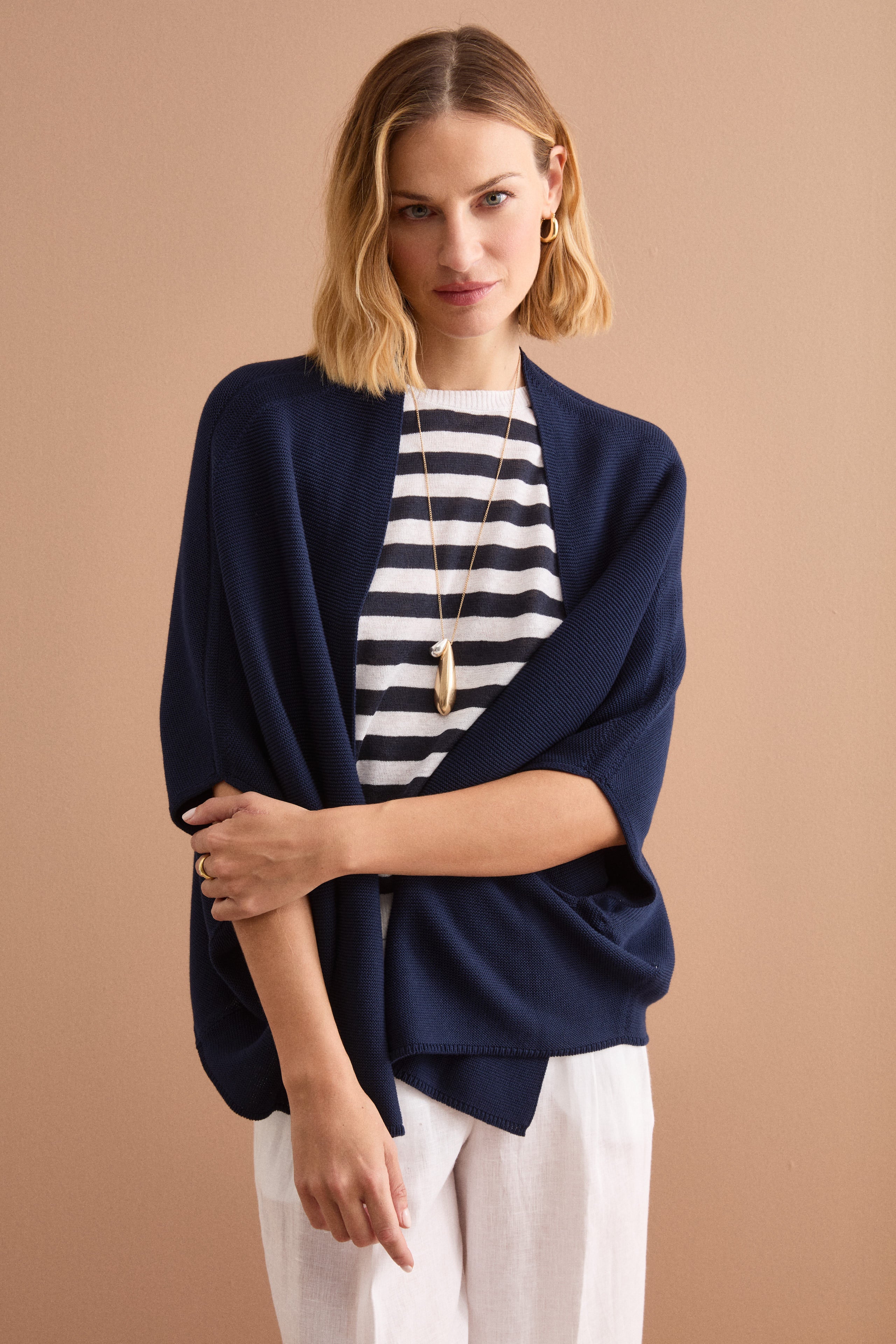 Cardigan Lungo in Cotone con Manica Kimono - NAVY