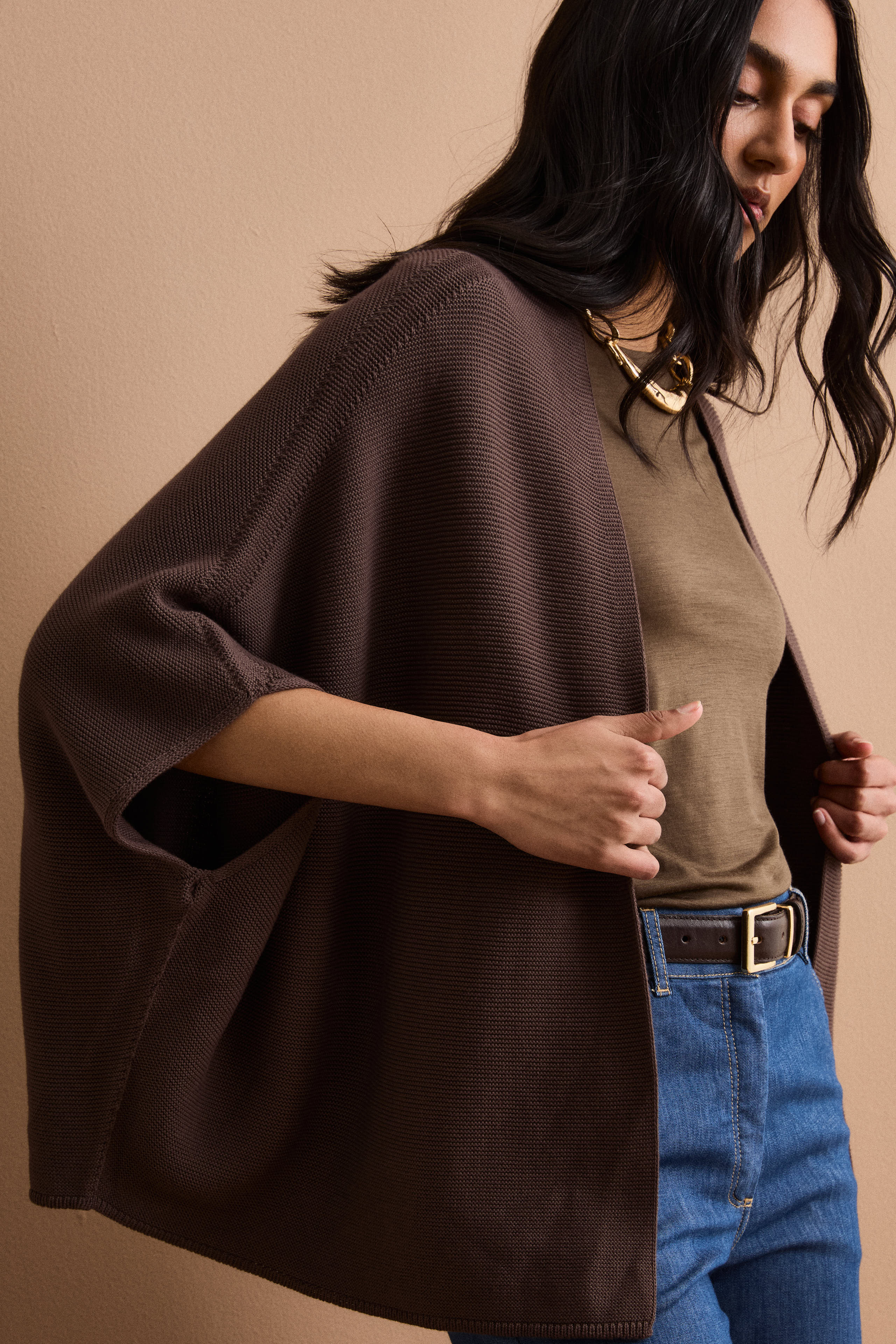 Cardigan Lungo in Cotone con Manica Kimono - TERRA