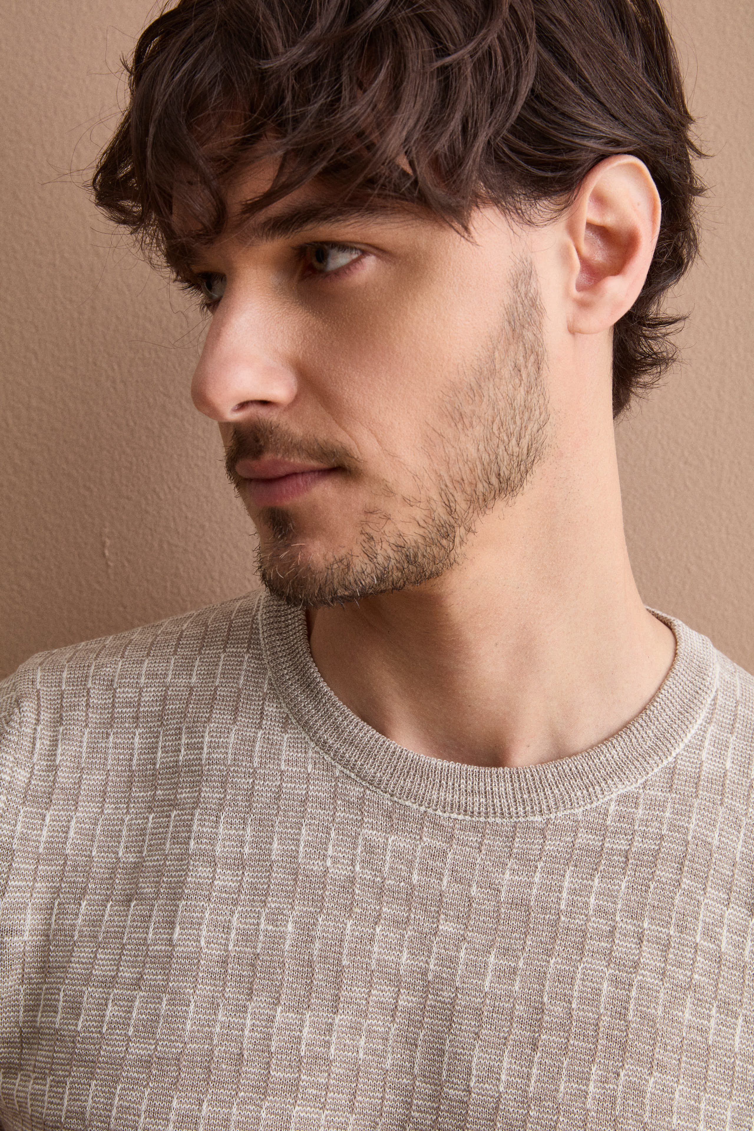 T-shirt in Misto Cotone e Lino Lavorata - BEIGE/PANNA