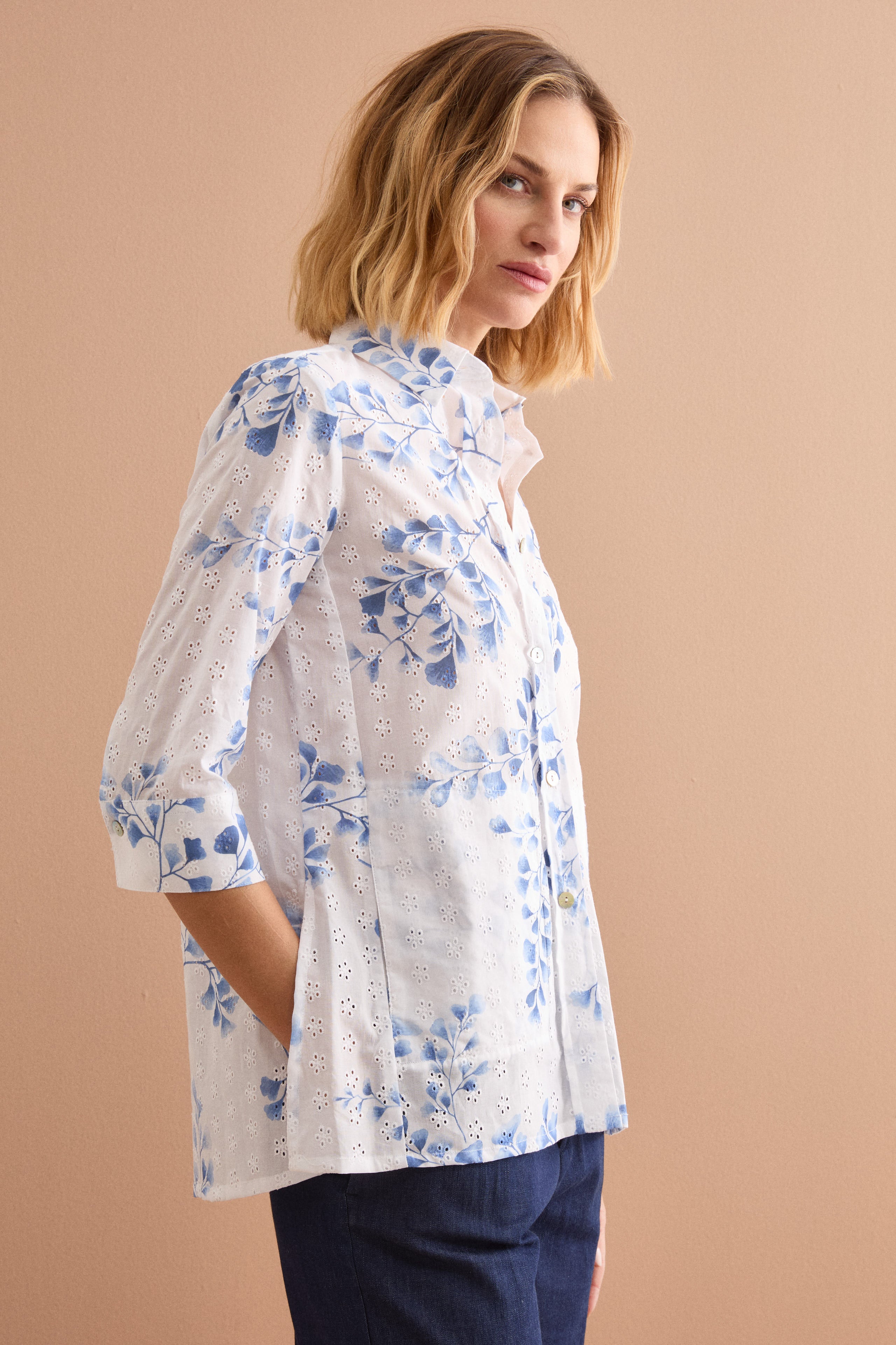 Camicia Oversize in Cotone Sangallo - FANT. BIANCO/BLU