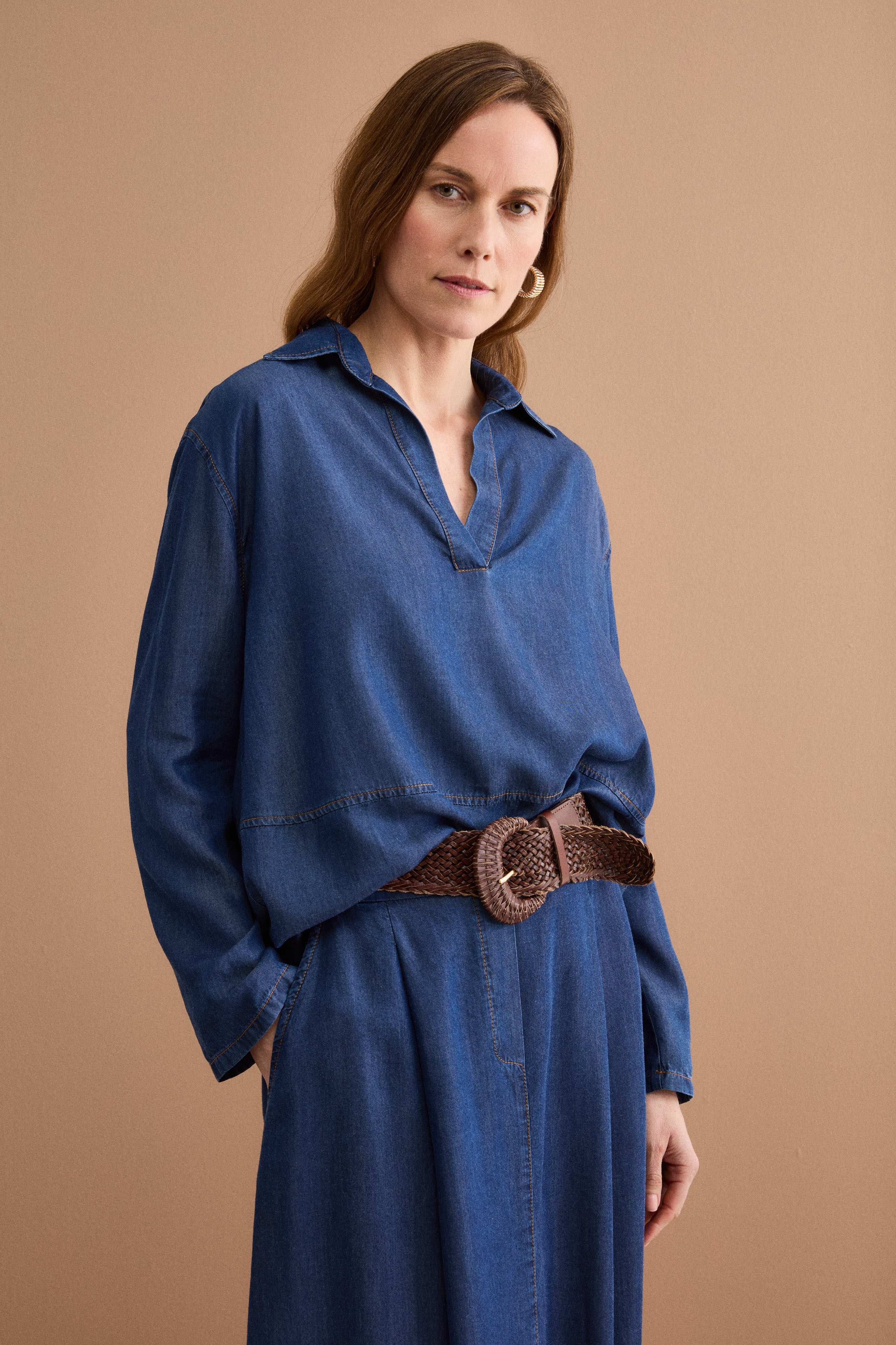 Blusa Denim Over con Colletto a Camicia - DENIM