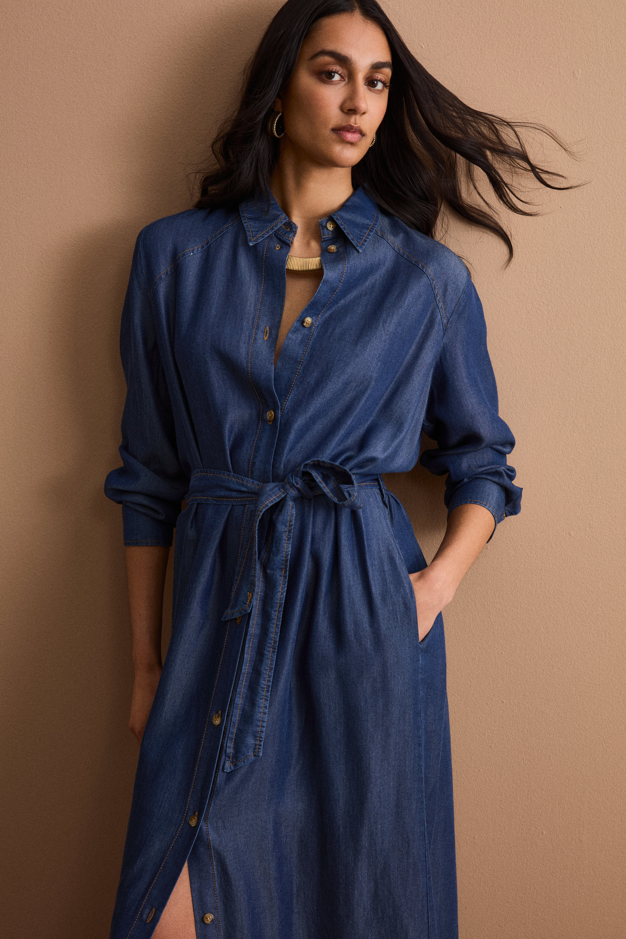 Abito Chemisier Lungo con Cintura in Denim - DENIM