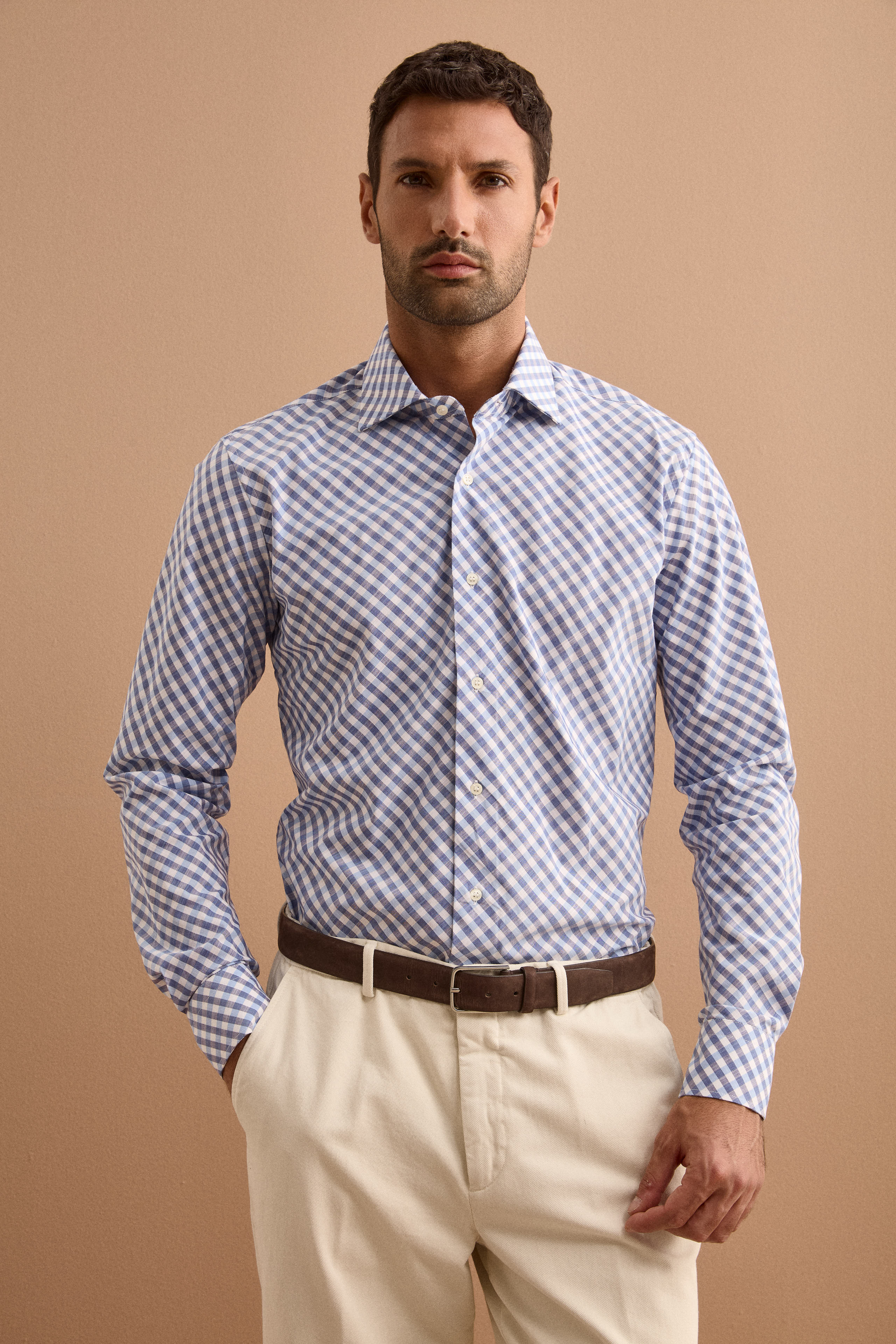 Camicia Check Custom Fit con Colletto Francese - BLU/AZZURRO