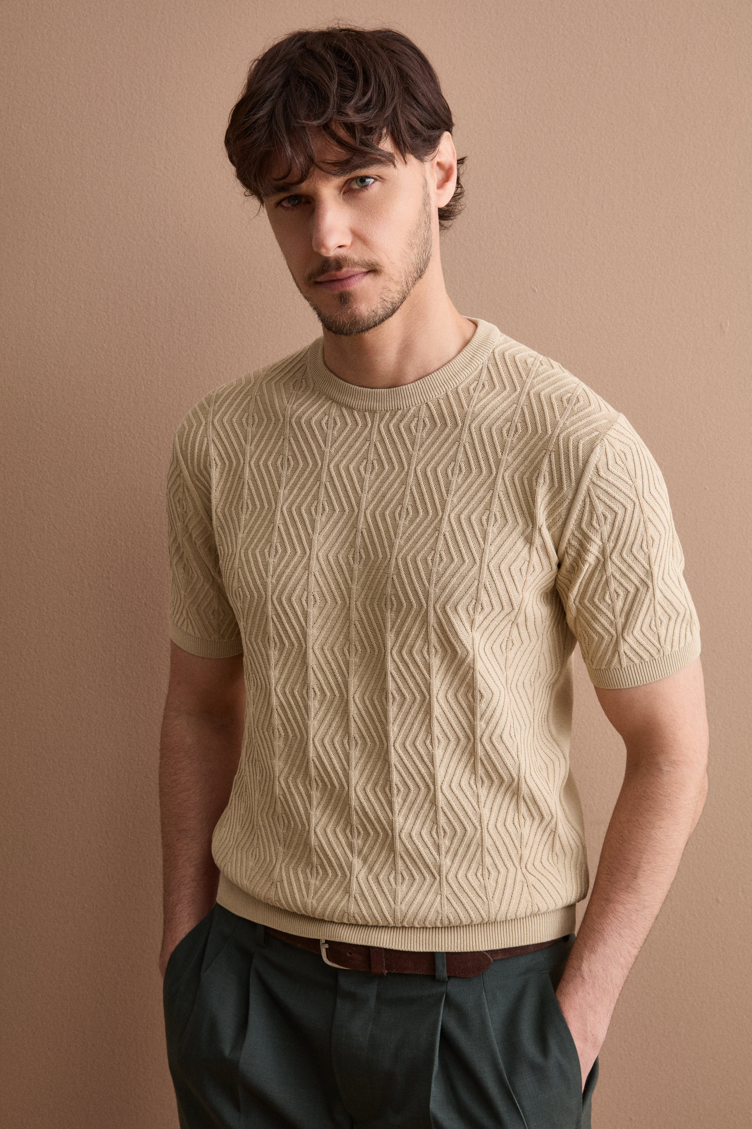 T-Shirt a Rombi in Cotone Crêpe - SABBIA