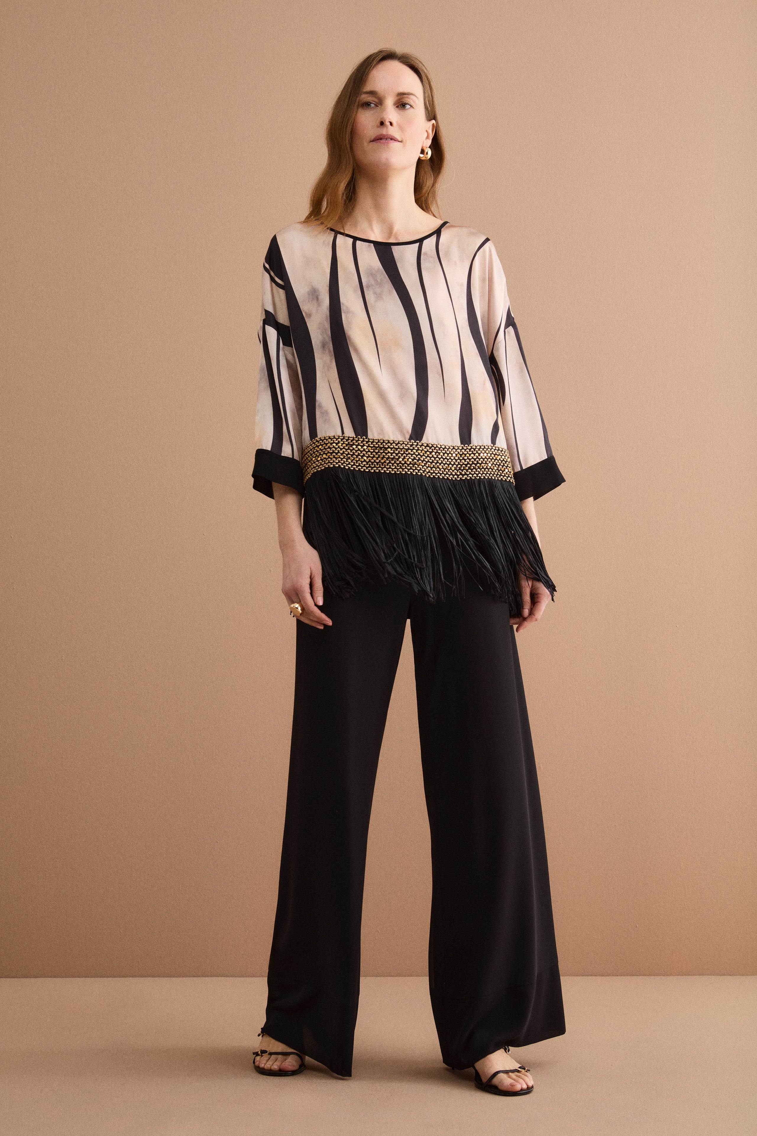 Blusa in Fantasia Jacquard con Passamaneria e Frange - FANT. ORO