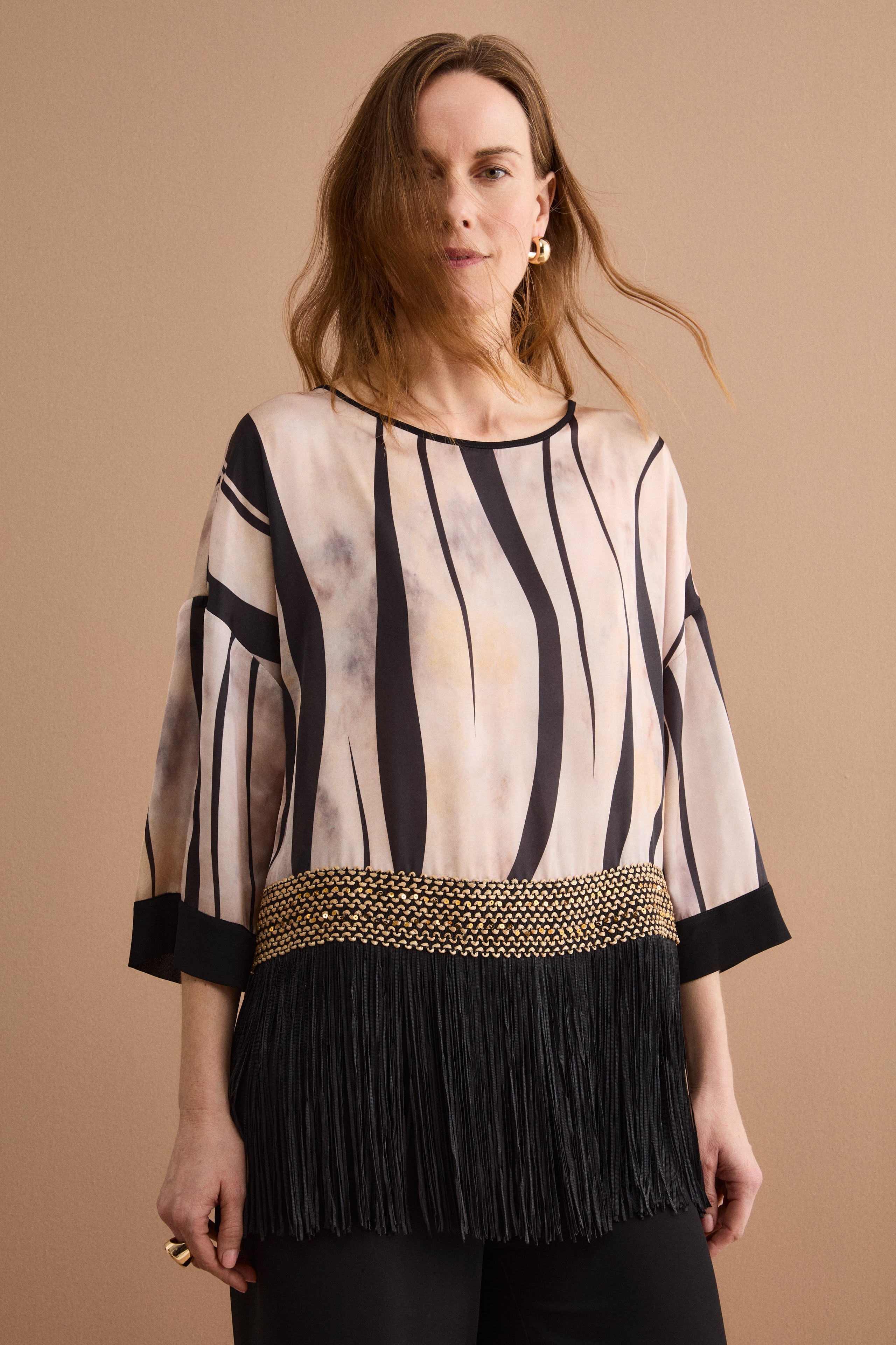 Blusa in Fantasia Jacquard con Passamaneria e Frange - FANT. ORO