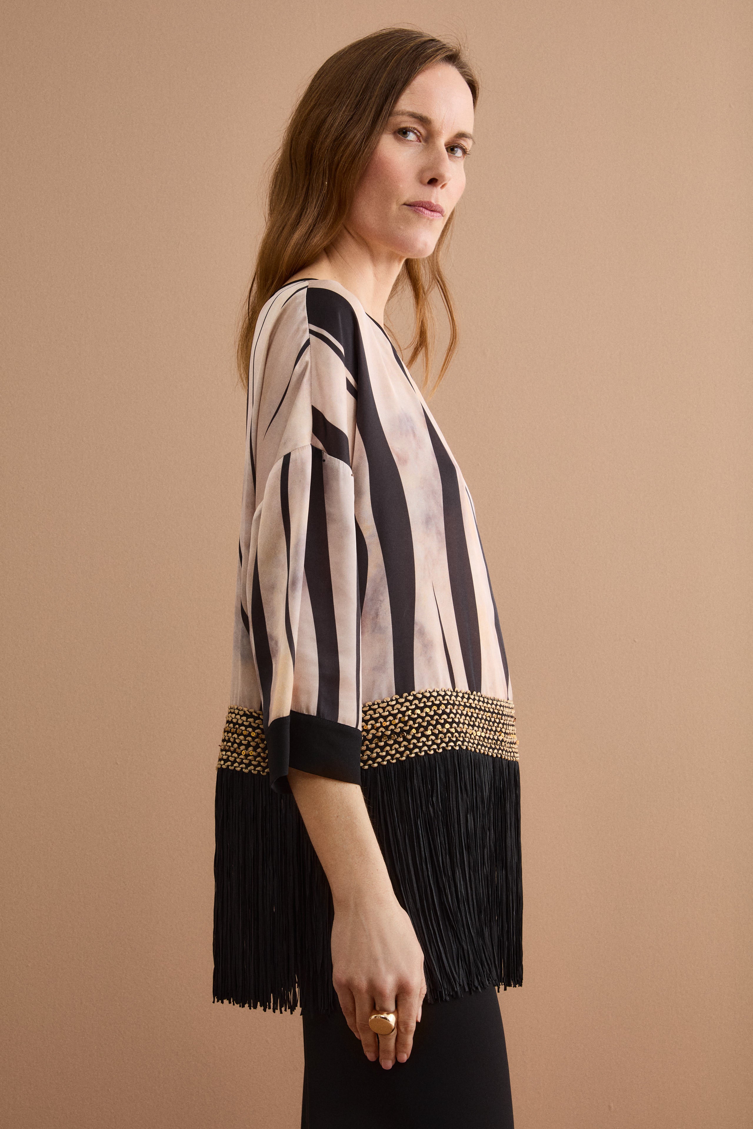 Blusa in Fantasia Jacquard con Passamaneria e Frange - FANT. ORO