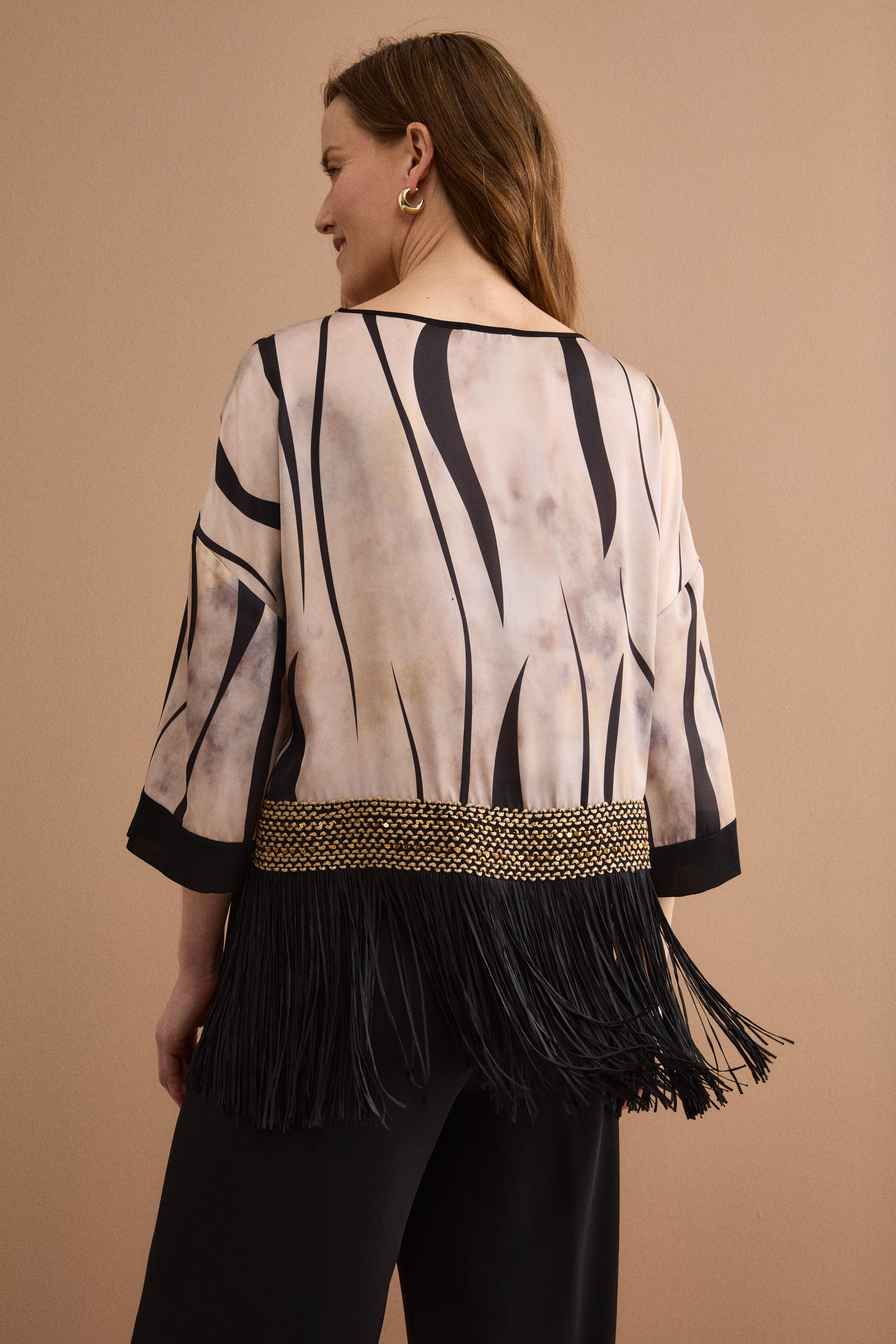 Blusa in Fantasia Jacquard con Passamaneria e Frange - FANT. ORO