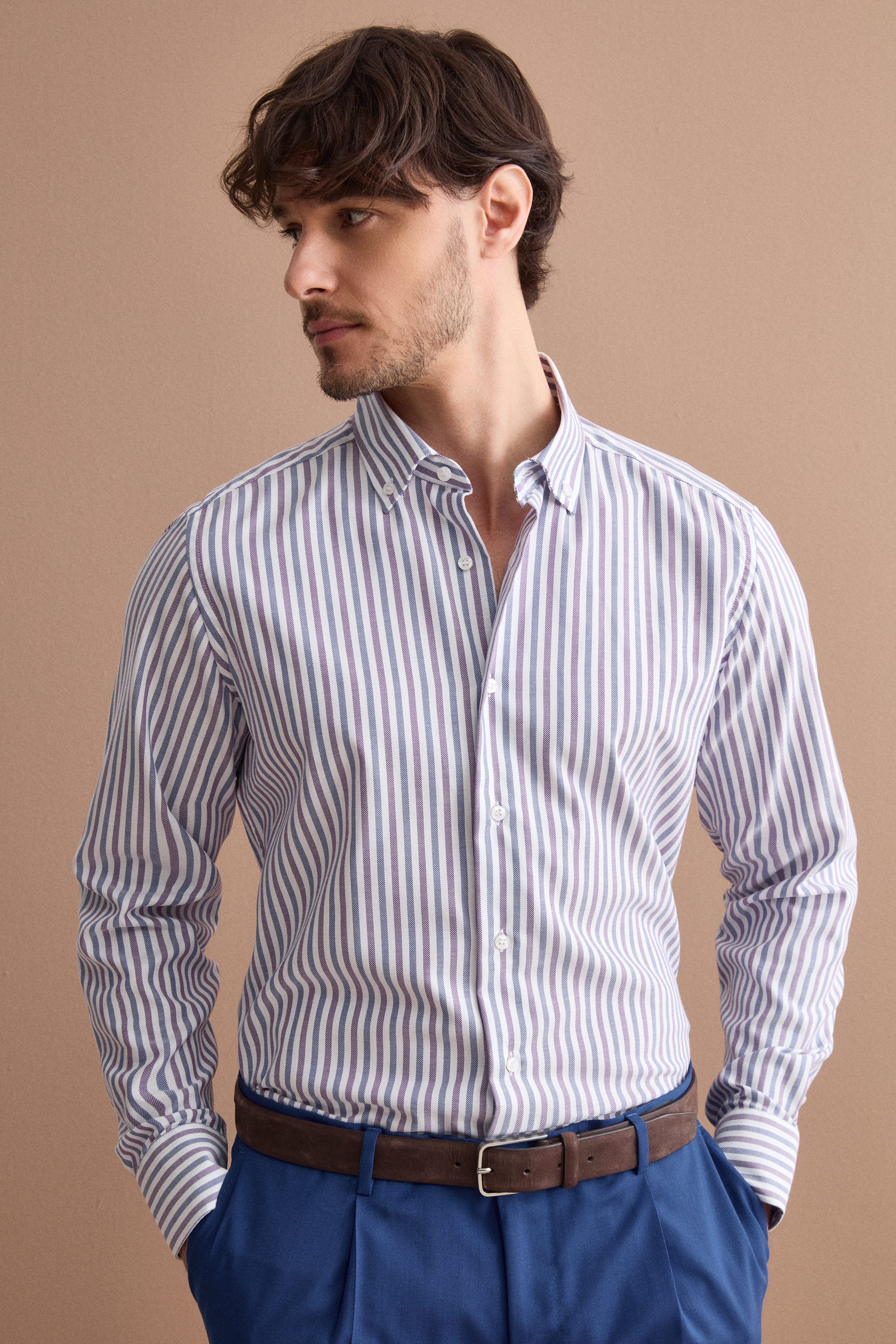 Camicia Regular Button Down a Righe - RIGATO VIOLA/BLU
