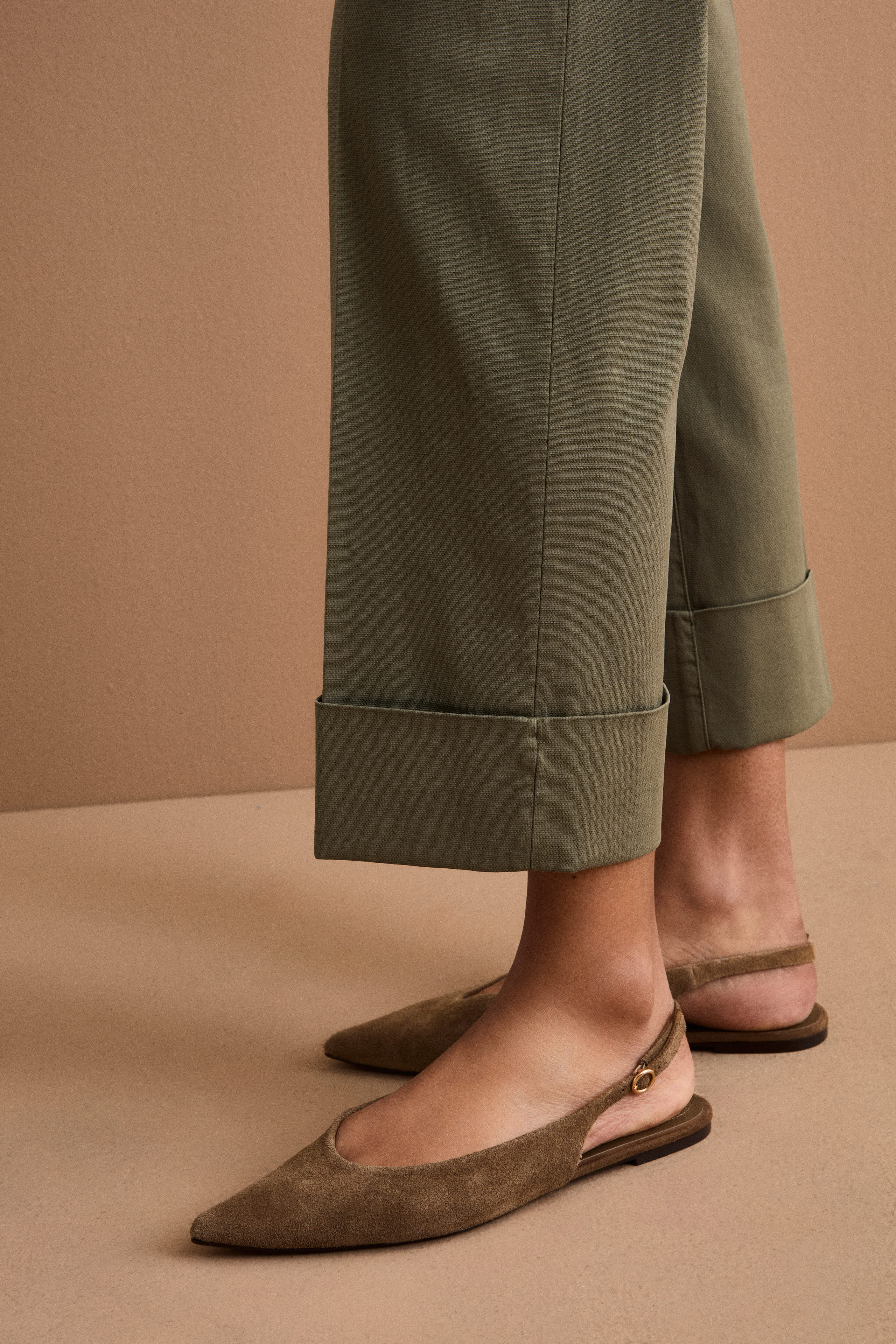 Pantalone Straight con Risvolto in Misto Cotone Piquet - KAKI