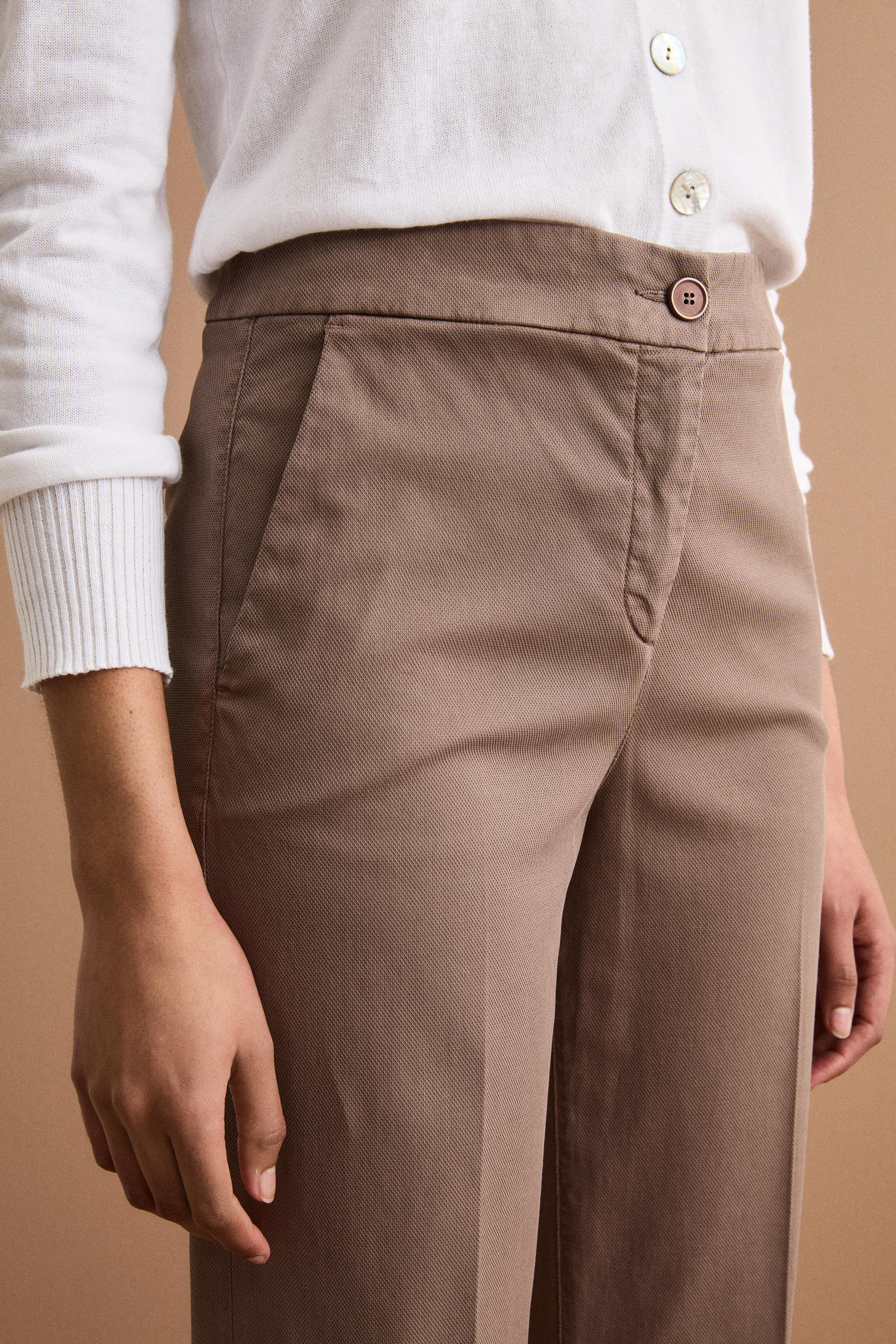 Pantalone Straight con Risvolto in Misto Cotone Piquet - CAFFE